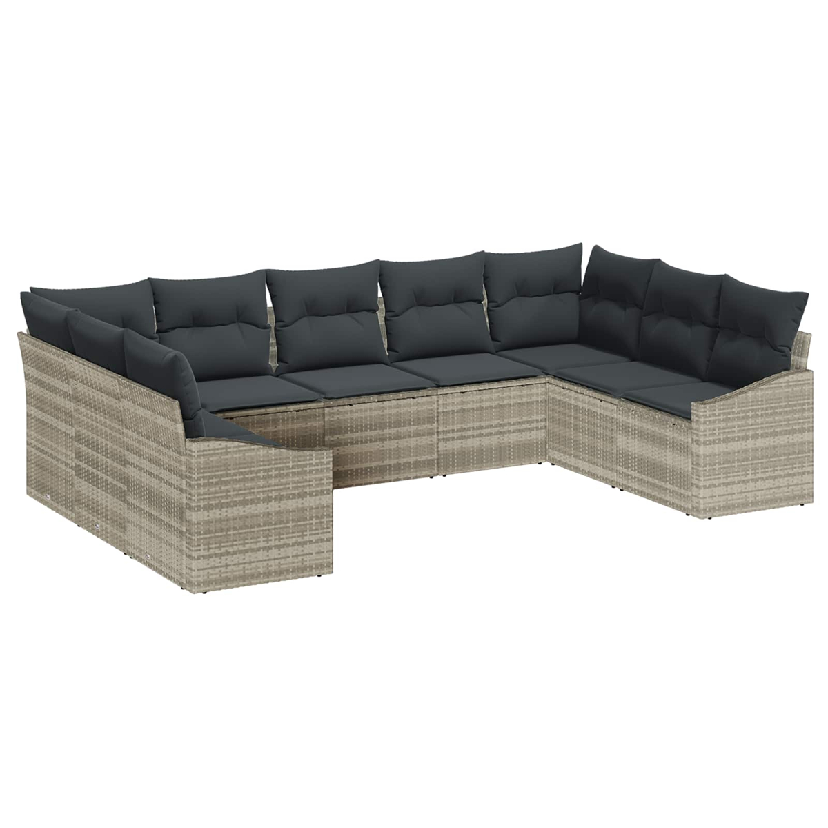 Ein U-förmiges Outdoor-Sofa mit grauen Kissen. Die Basis ist hellbraun gewebt. Das Sofa steht auf weißem Hintergrund.