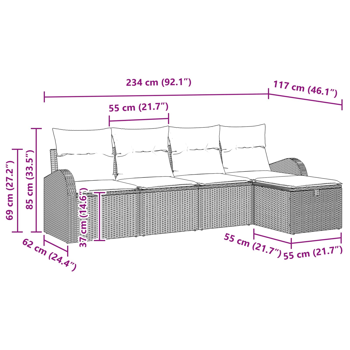 Diagramm eines Rattansofas mit Maßangaben in cm und Zoll. Es hat Kissen und eine angebaute Ottomane.