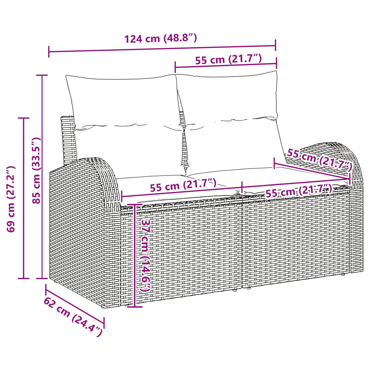 Ein Zweisitzer-Korbsessel mit Maßangaben. Das Sofa hat Kissen und Armlehnen. Maße sind in cm und Zoll angegeben.