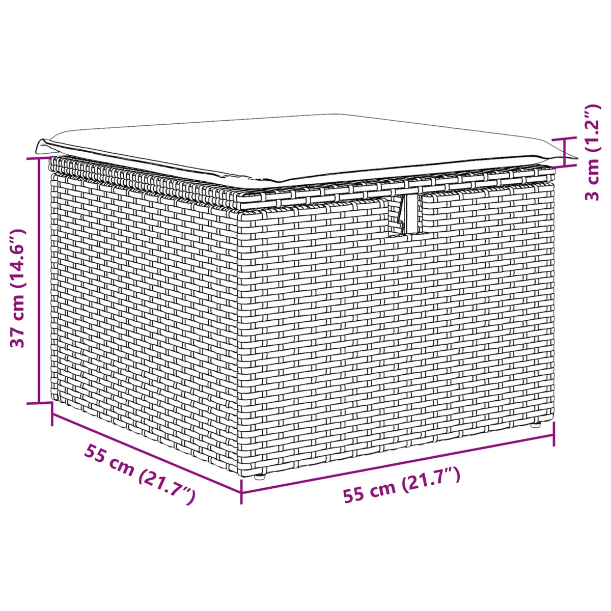 Eine gewebte Aufbewahrungsbox aus Korbgeflecht mit einem Kissen oben drauf. Abmessungen: 55x55x37cm. Ein Schloss ist vorne sichtbar.
