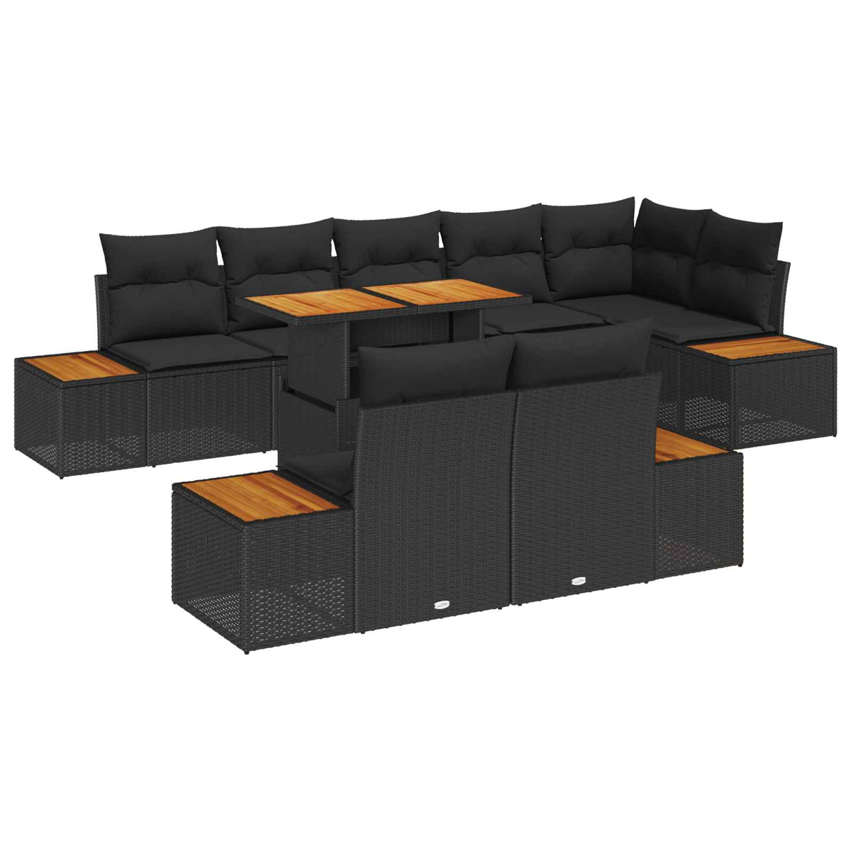Gartenmöbel-Set mit schwarzem Korbgewebe, schwarzen Kissen und Holztischplatten. Enthält Sofateile und einen Tisch.