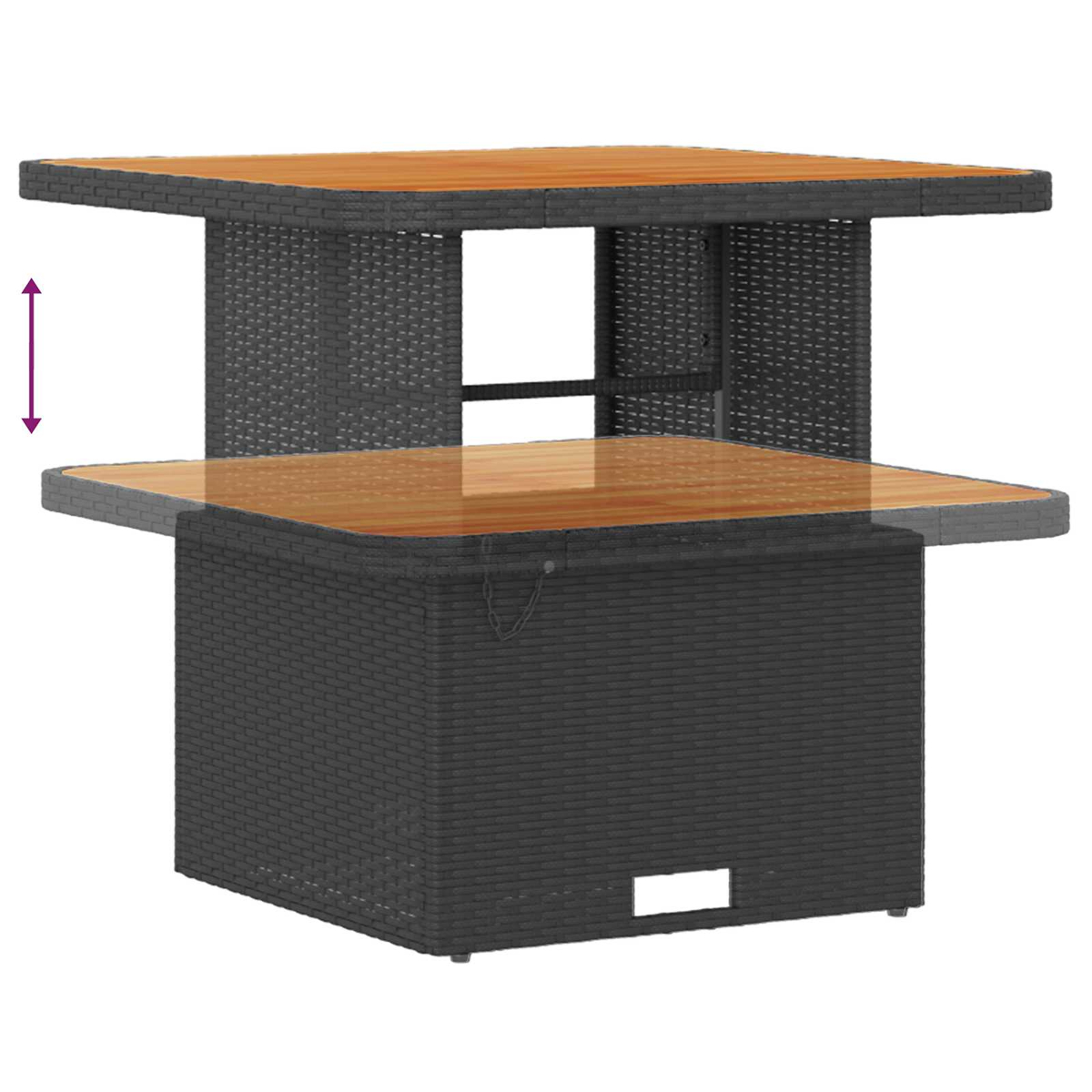 Tavolo quadrato da esterno a due livelli. Piano in legno, base in vimini nero. Freccia indica altezza regolabile.