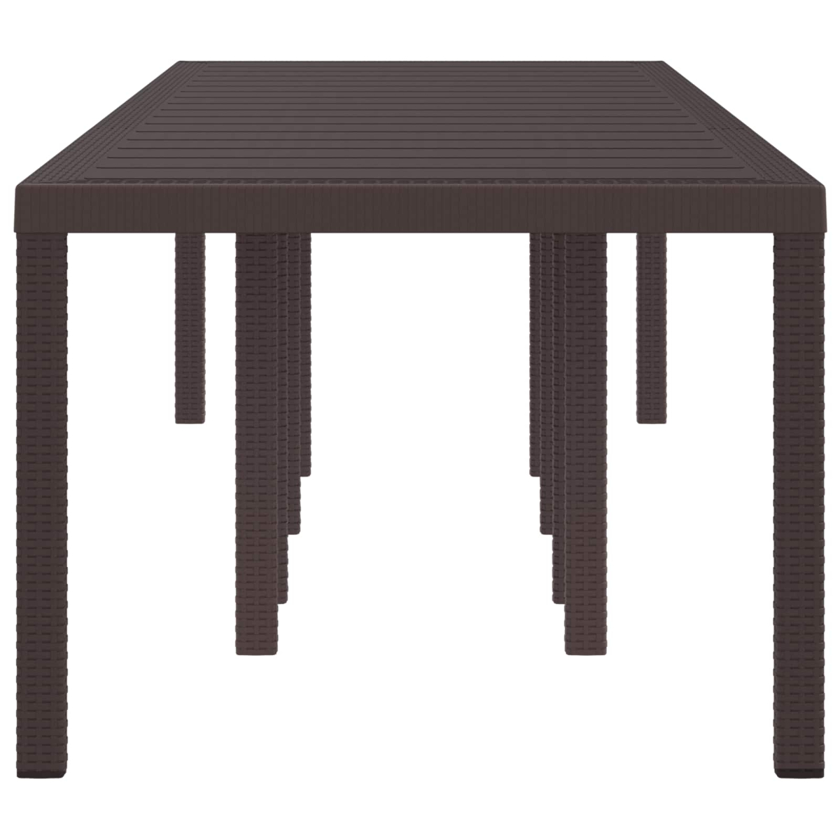 Ein brauner rechteckiger Tisch mit acht Beinen, von unten gesehen. Der Tisch besteht aus gewebtem Material und steht vor weißem Hintergrund.