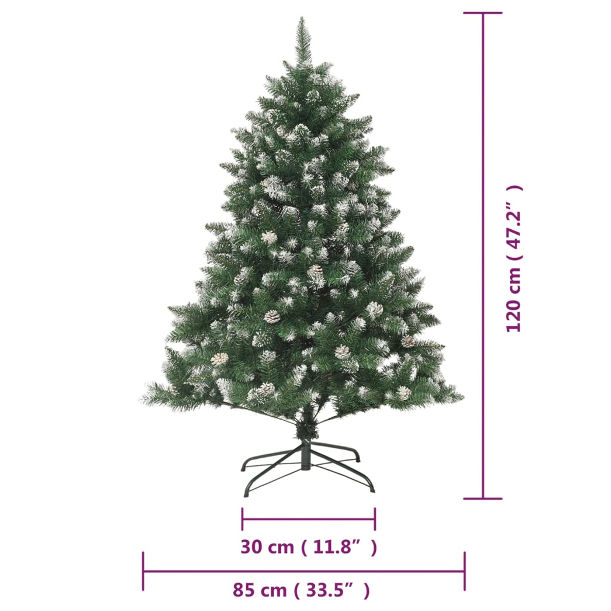 Ein grüner künstlicher Weihnachtsbaum mit schneeweißen Akzenten. Abmessungen: 120 cm hoch, 85 cm breit und 30 cm Basis.