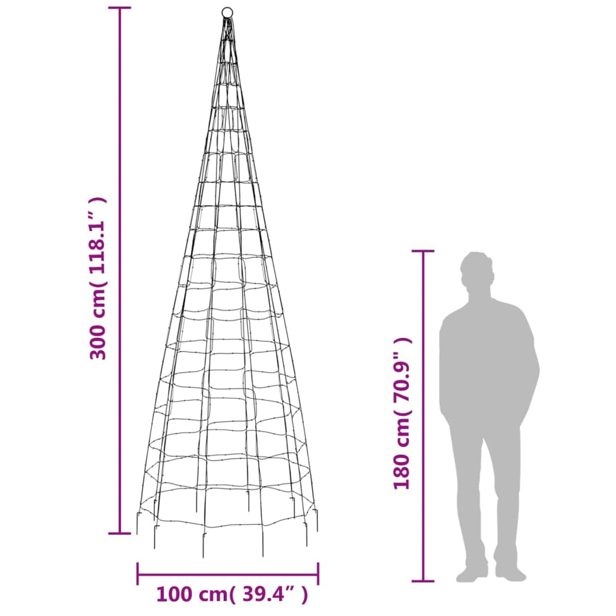 Gezeigt wird ein hoher, konischer Metallspalier mit Maßen. Eine Person Silhouette ist daneben, die die Höhe des Spalier angibt.