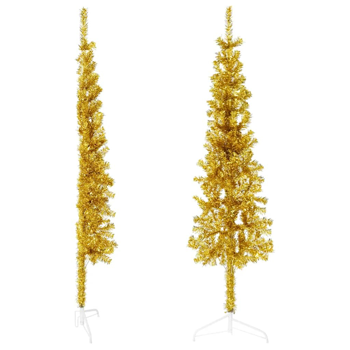 Zwei künstliche goldene Weihnachtsbäume. Die Bäume stehen auf weißen Ständern. Der Hintergrund ist weiß.