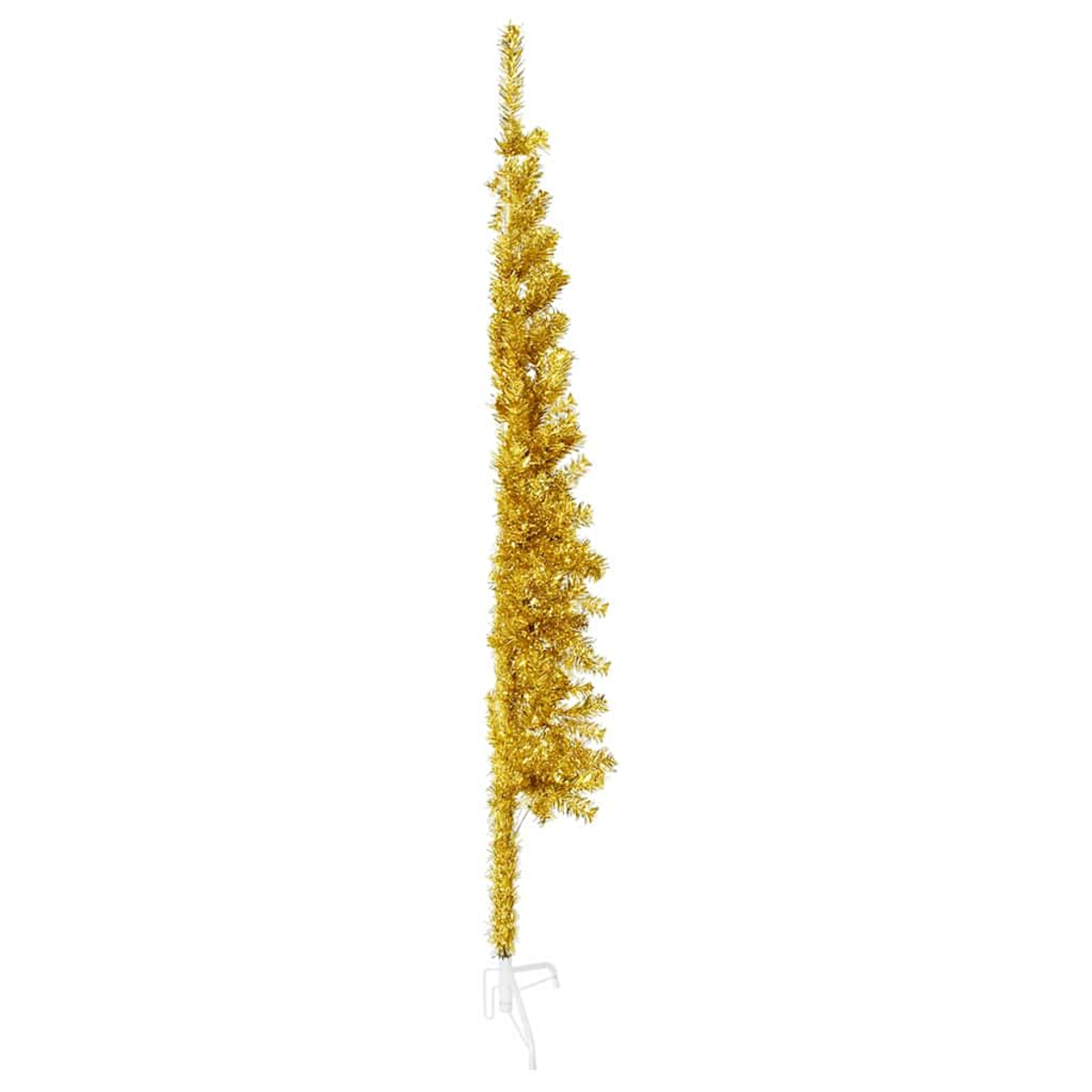 Ein goldener, lamettaartiger Weihnachtsbaum, der aufrecht steht. Er hat einen weißen Sockel. Der Hintergrund ist weiß.