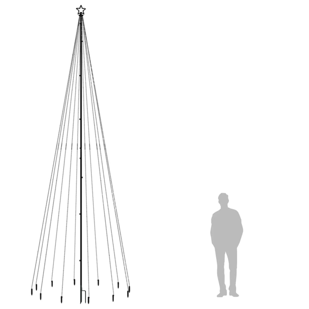 Ein Weihnachtsbaum aus Metall mit einem Stern. Daneben steht eine Person als Größenvergleich.