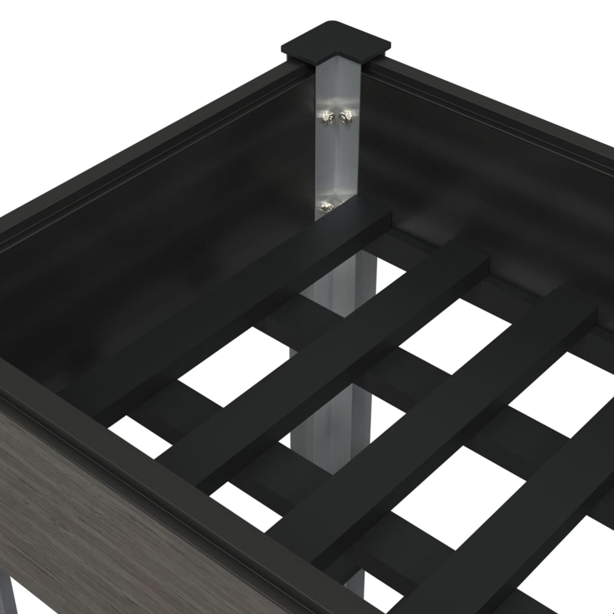 Nahaufnahme einer dunkelgrauen Holzstruktur mit Gitterdesign. Metallelemente mit Schrauben. Die Struktur wird von oben betrachtet.