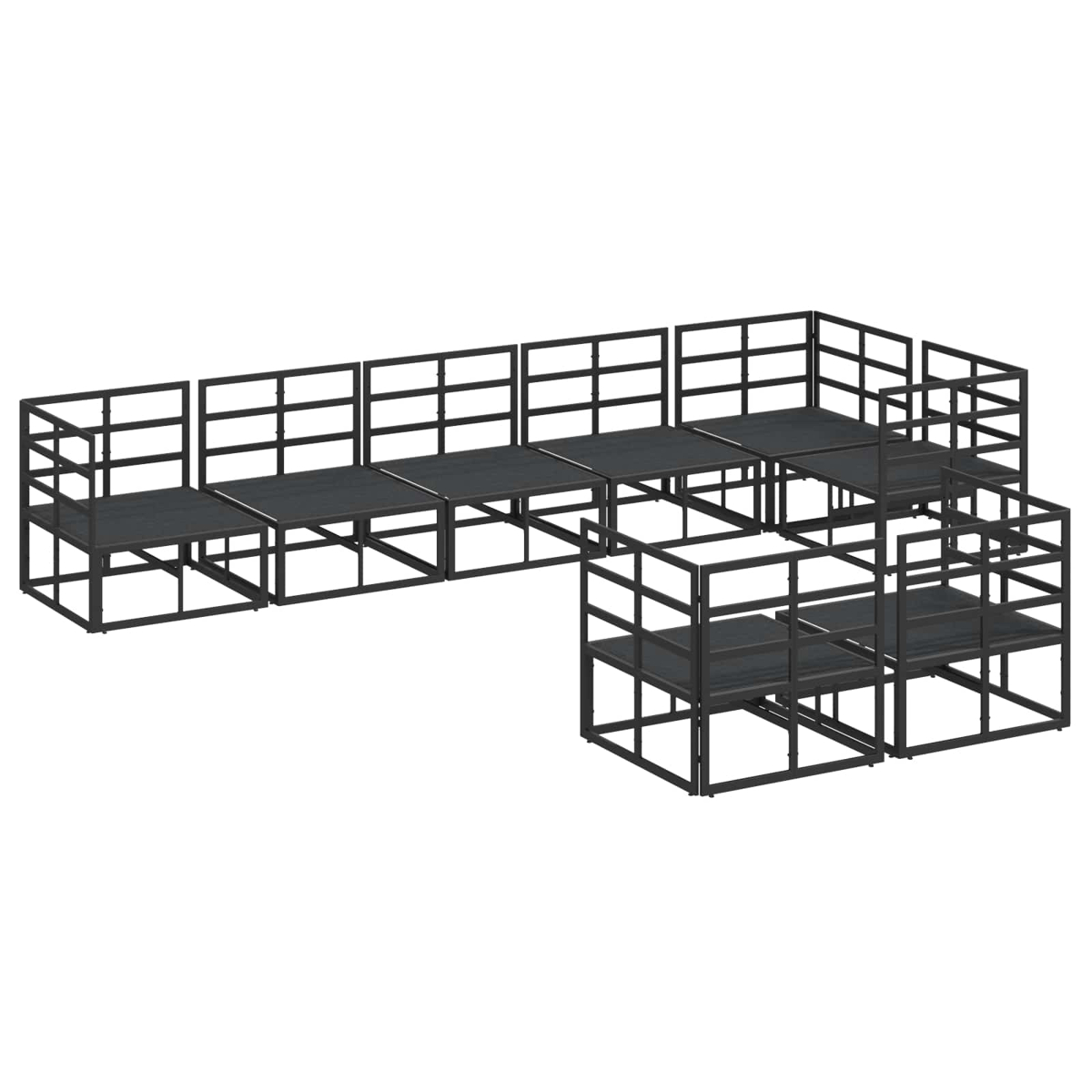 Ein abgewinkelter Bühnenaufbau aus schwarzem Metall und Holz. Verschiedene Plattformen, die mit Geländern verbunden sind, schaffen mehrere Ebenen.