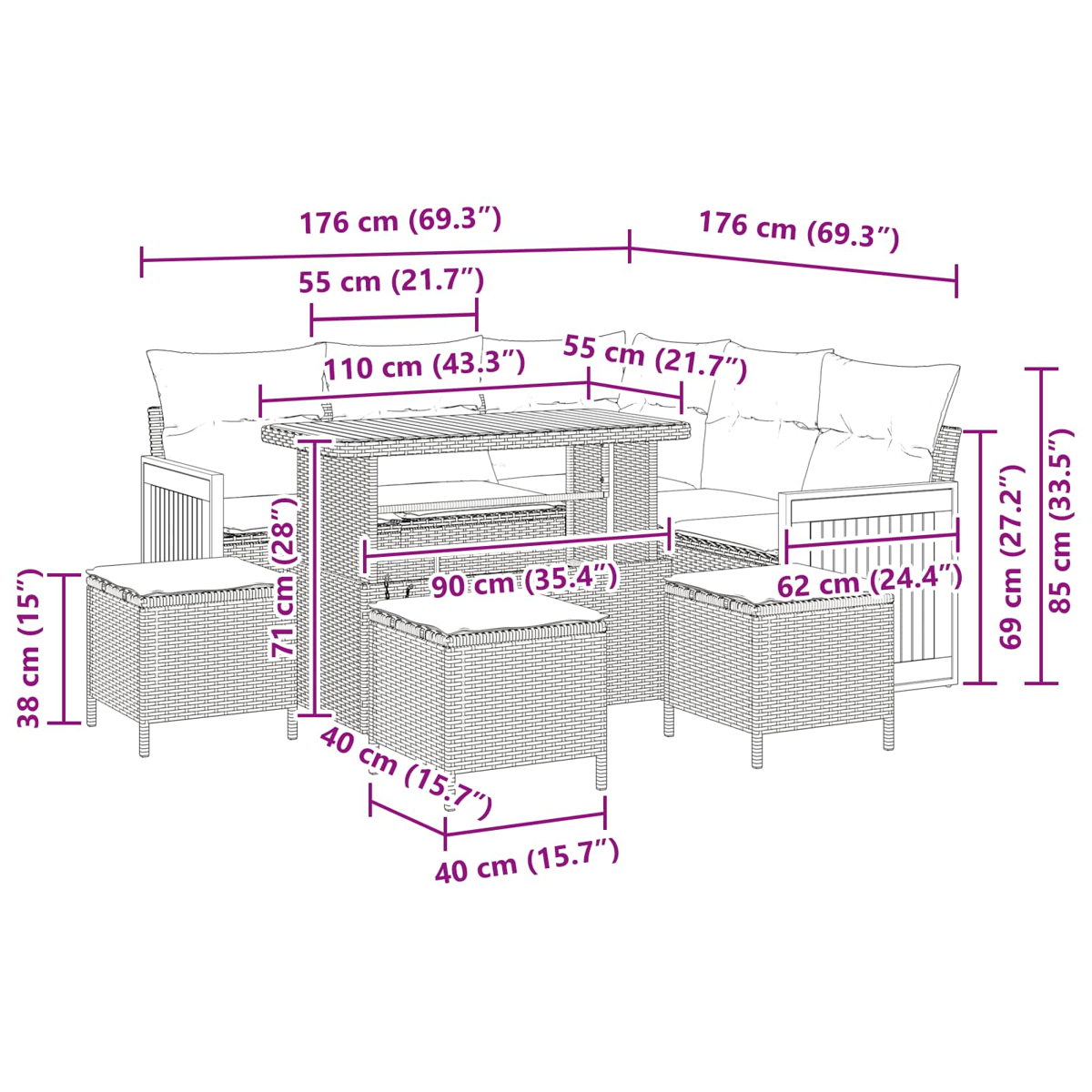 Diagramm eines Rattan-Gartenmöbelsets mit Abmessungen. Es umfasst einen Tisch, ein Sofa und zwei Ottomanen. Die Maße sind in cm und Zoll angegeben.