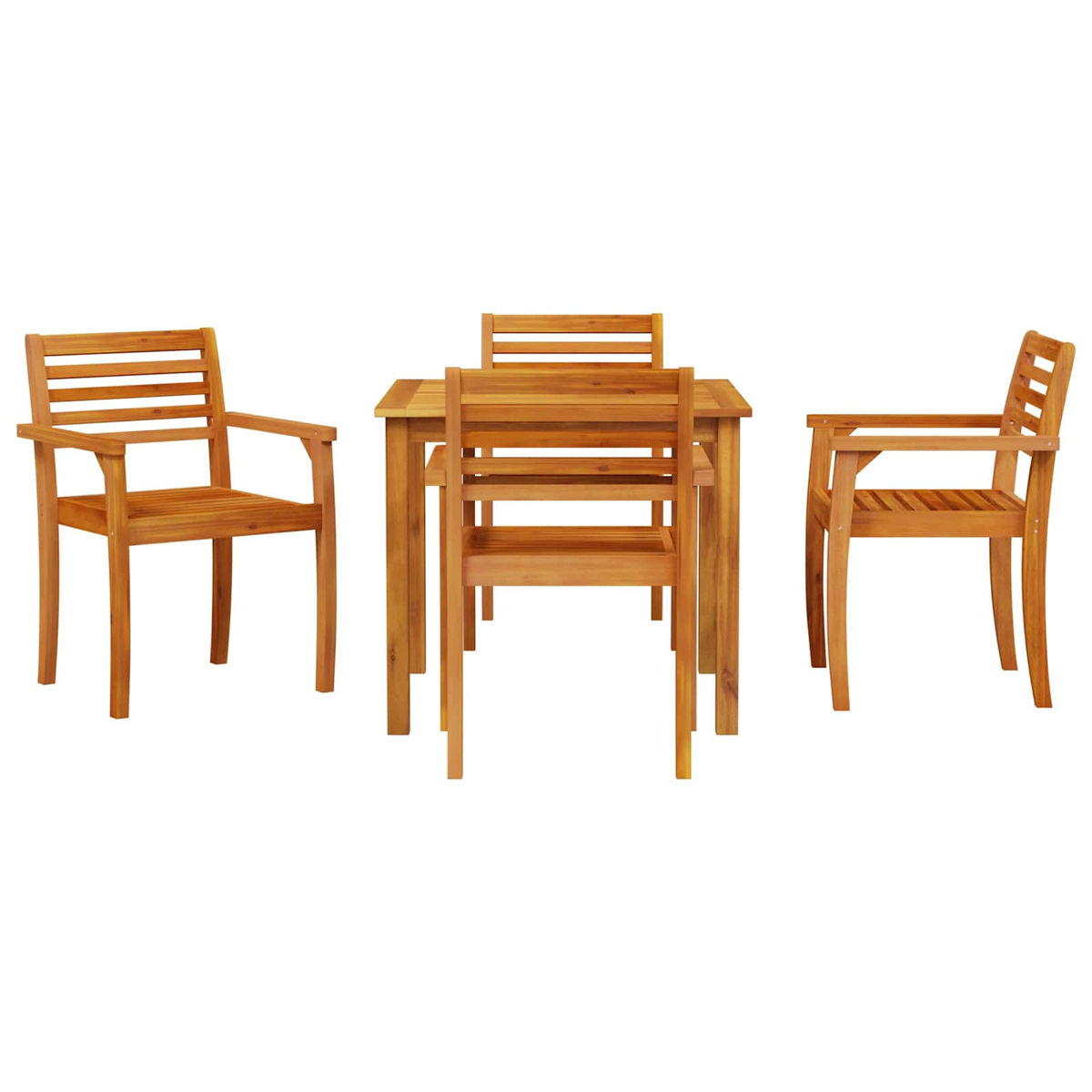Gartenmöbel-Set aus Holz, bestehend aus einem quadratischen Tisch und vier Stühlen. Das Set ist aus hellbraunem Holz gefertigt, auf weißem Hintergrund platziert.