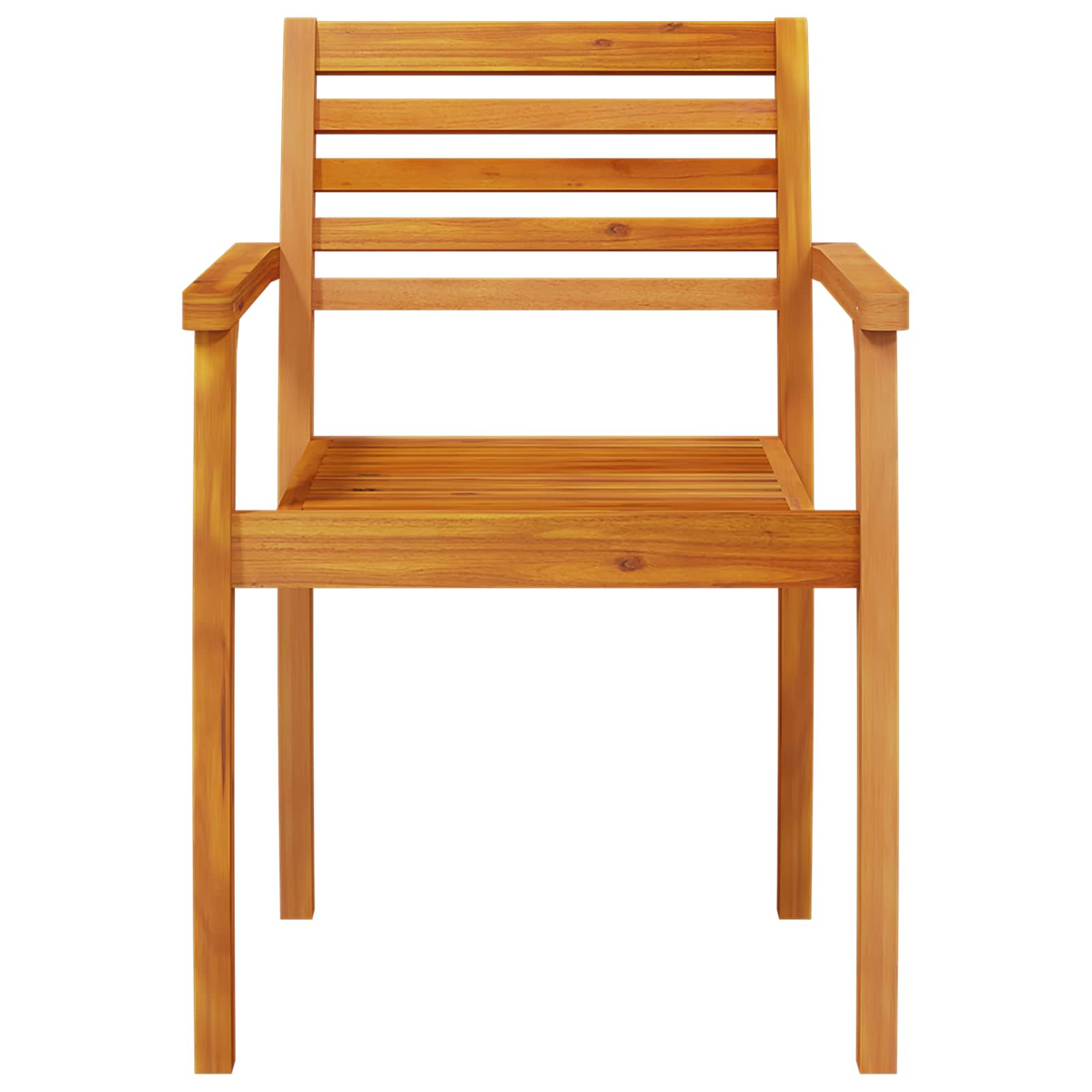 Ein Holzstuhl mit Lattenrücken und -sitz, Armlehnen und vier geraden Beinen. Der Stuhl ist braun, vor weißem Hintergrund.