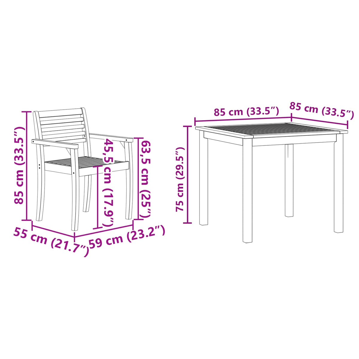 Ein Stuhl und ein Tisch, beide mit Abmessungen in cm und Zoll, dargestellt in einem Diagramm auf weißem Hintergrund.