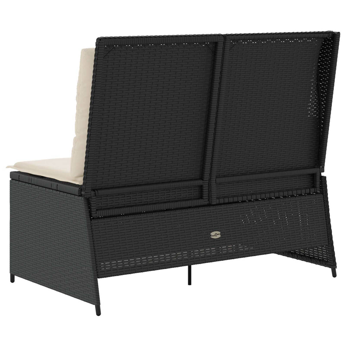 Schwarzes Outdoor-Sofa aus Korbgeflecht mit beigem Kissen. Die Couch wird von hinten betrachtet. Der Rahmen ist dunkel, das Kissen hell.