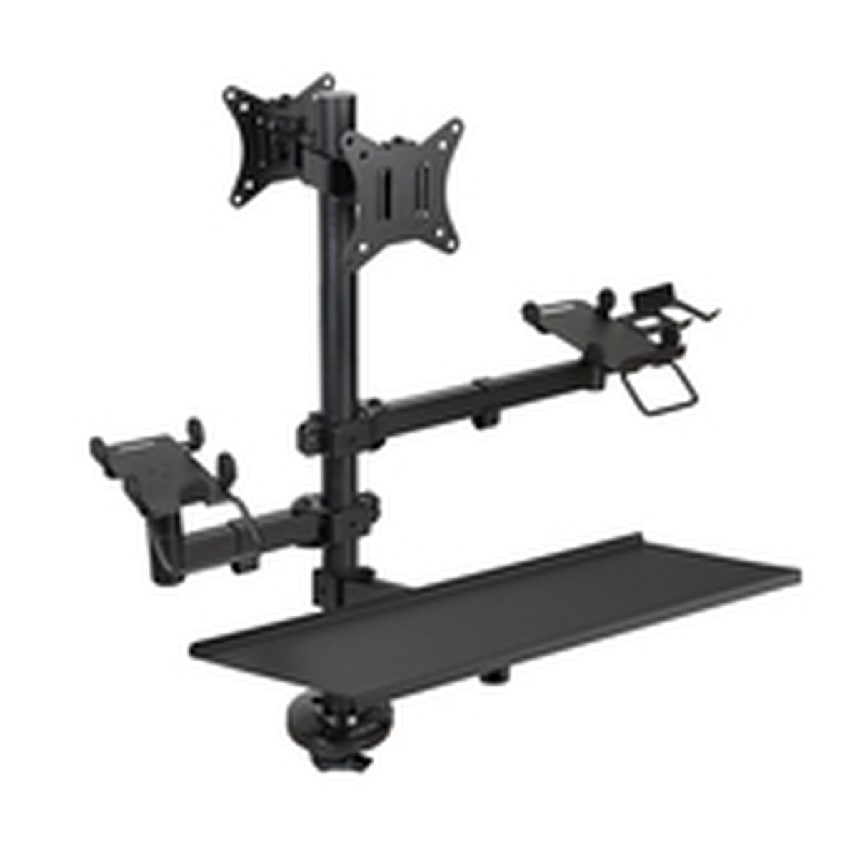 Un supporto nero per monitor e tastiera. Ha un palo verticale con bracci per monitor, un vassoio per tastiera e altri dispositivi.