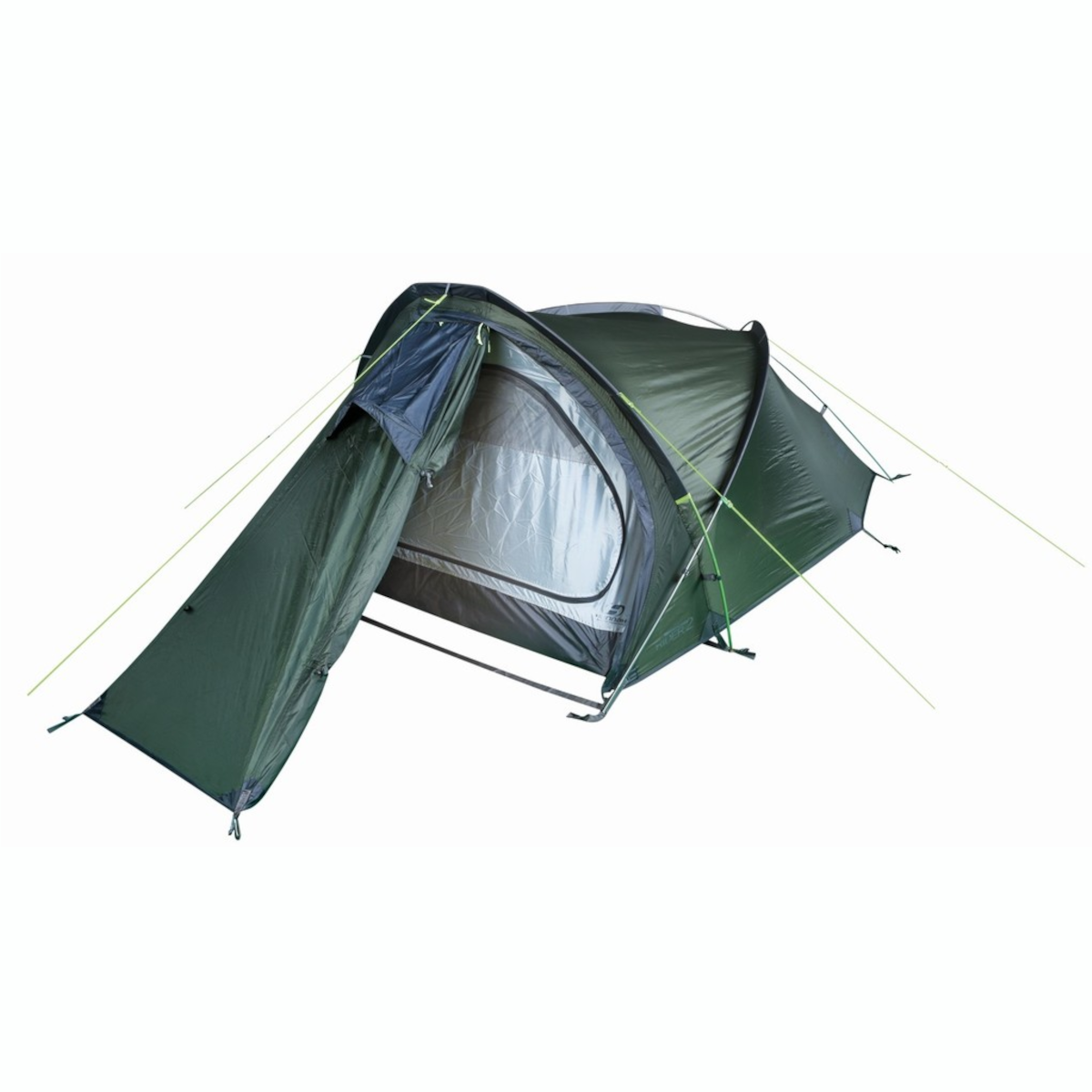 Ein grünes Campingzelt vor weißem Hintergrund. Der Eingang ist offen und zeigt das Innere und die Stützseile.