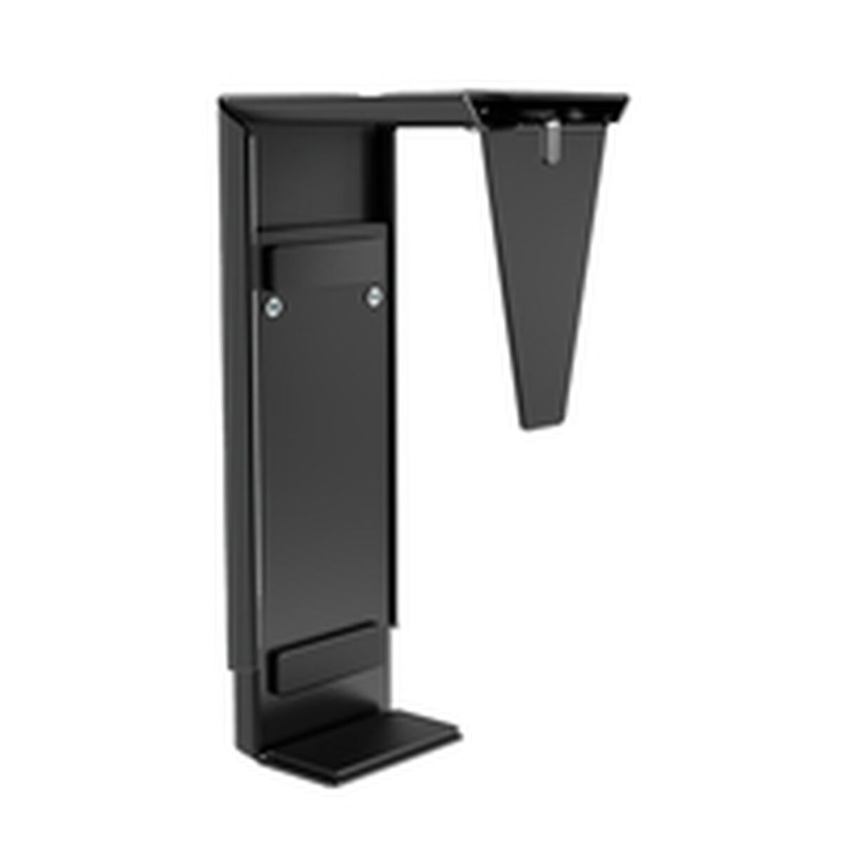 Eine schwarze Metall-Computerhalterung, die an einem Schreibtisch befestigt wird. Sie hat eine vertikale und eine abgewinkelte Stütze.