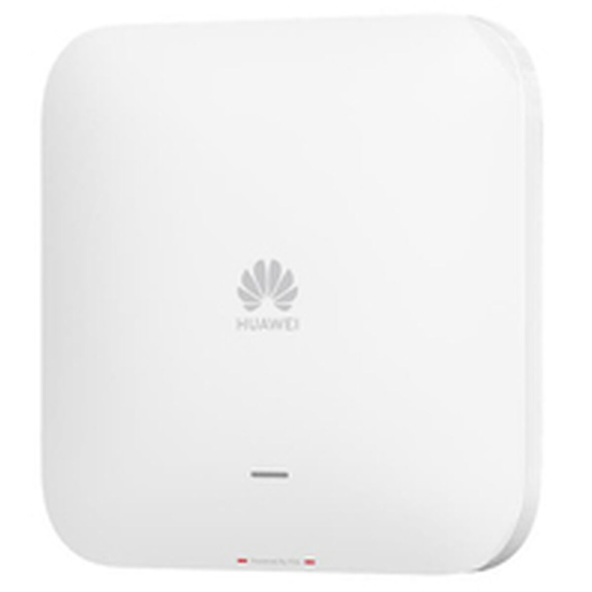 Un punto di accesso Huawei bianco. Ha un logo, una linea e un testo 'Powered by...' in basso. La forma è un quadrato arrotondato.