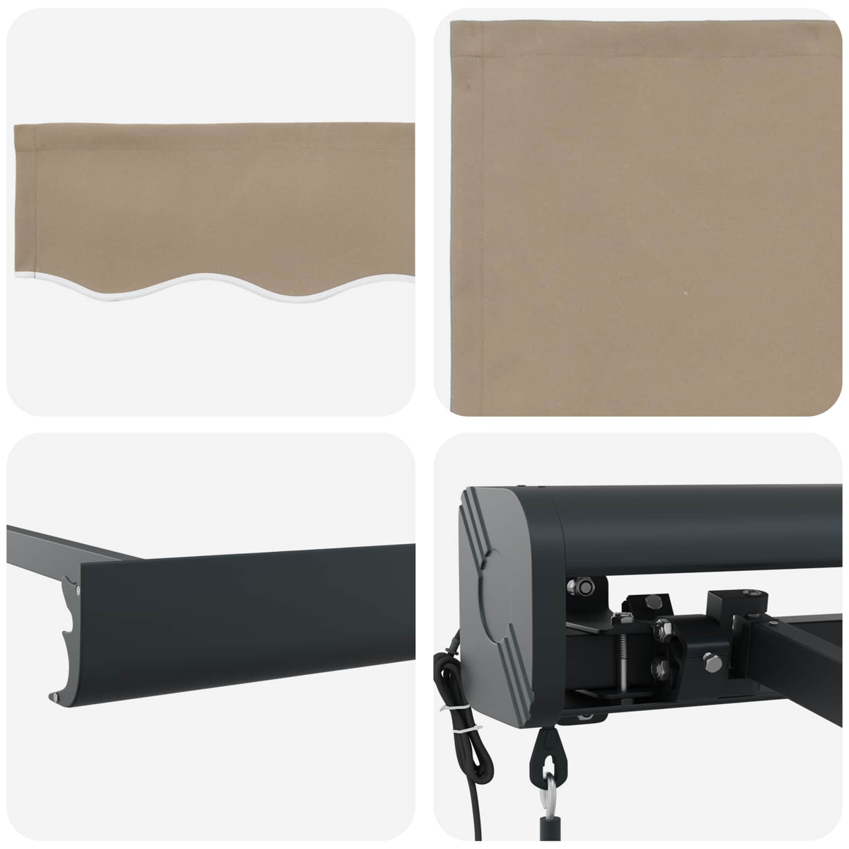 Vier Nahaufnahmen eines Sonnensegels. Teile umfassen Stoff, einen Stützbalken und den Mechanismus. Farben sind Beige, Grau und Schwarz.