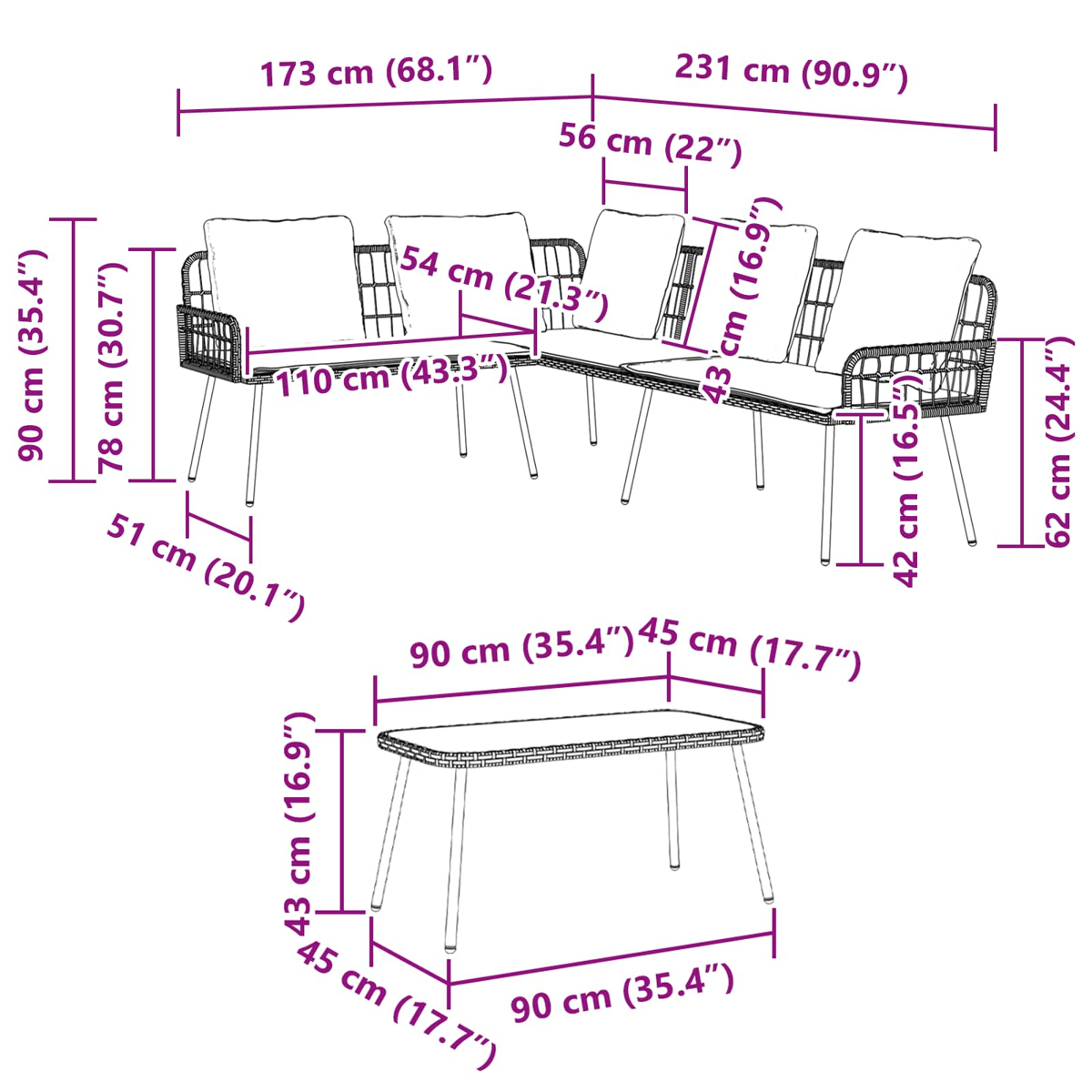 Diagramm eines Outdoor-Möbelsets. Es umfasst ein Ecksofa und einen rechteckigen Tisch. Die Abmessungen sind in cm und Zoll angegeben.