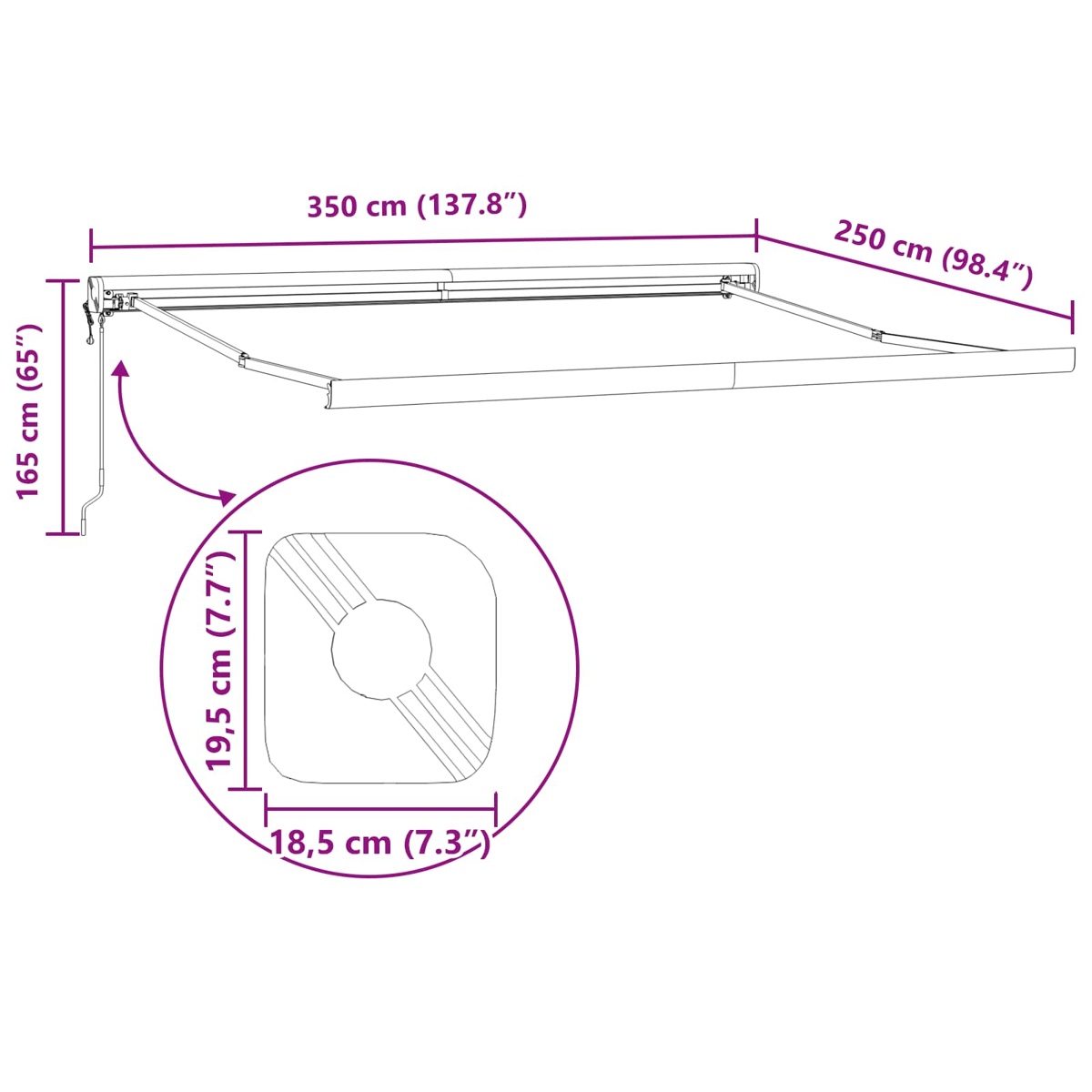 Ein weißer Sonnenschirm mit Maßangaben. Details umfassen Größe in cm und Zoll sowie eine Grundrisszeichnung.