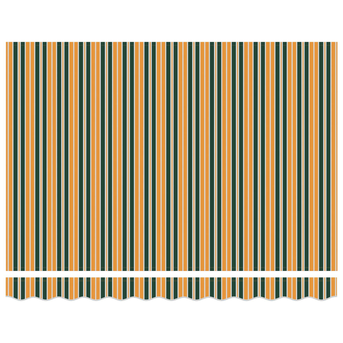 Das Bild zeigt ein gestreiftes Muster. Es hat vertikale Streifen in Grün, Orange und Weiß. Am unteren Rand befindet sich ein dekorativer Wellenrand.