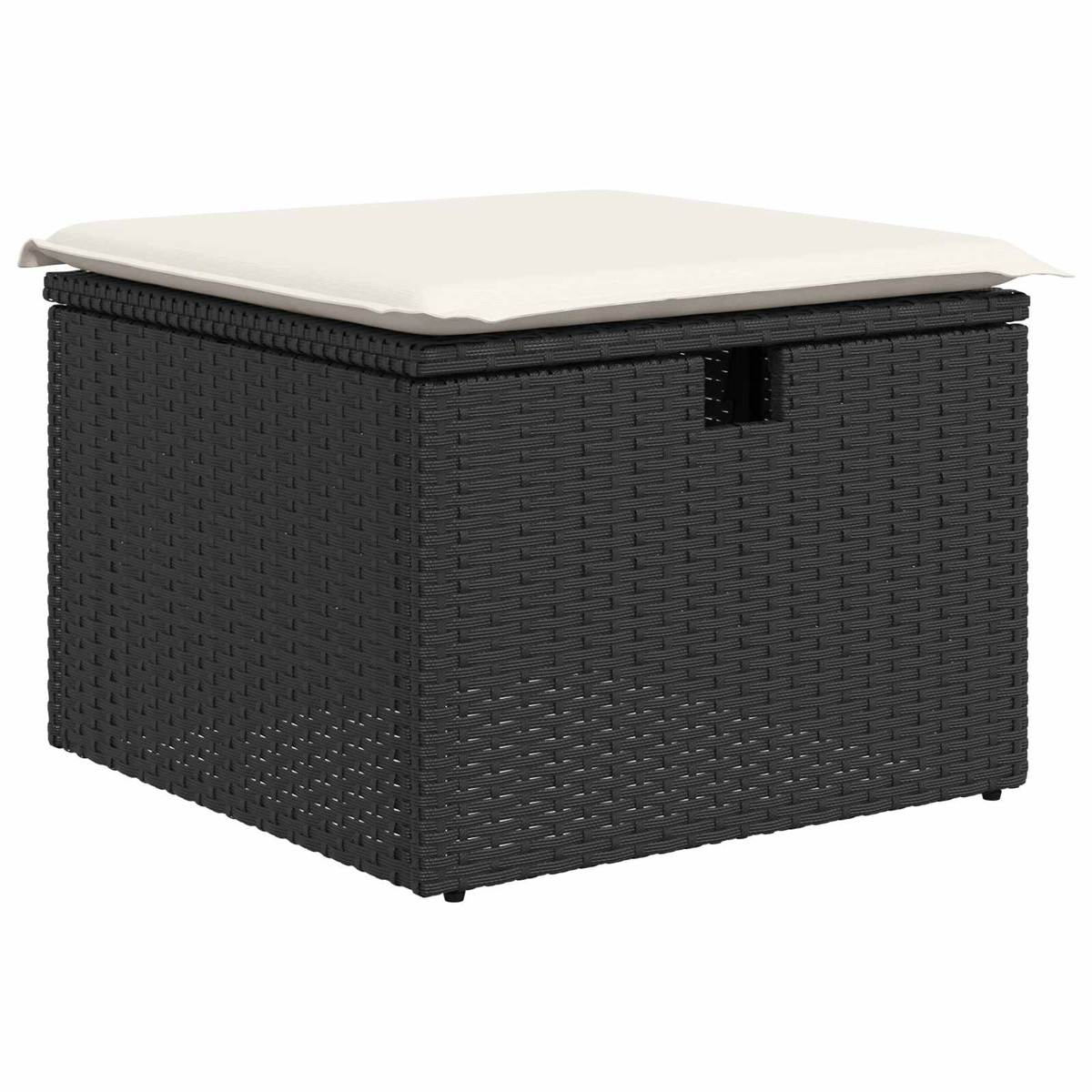 Una caja de almacenamiento cuadrada y negra tejida con un cojín blanco encima. Tiene un asa en un lado.