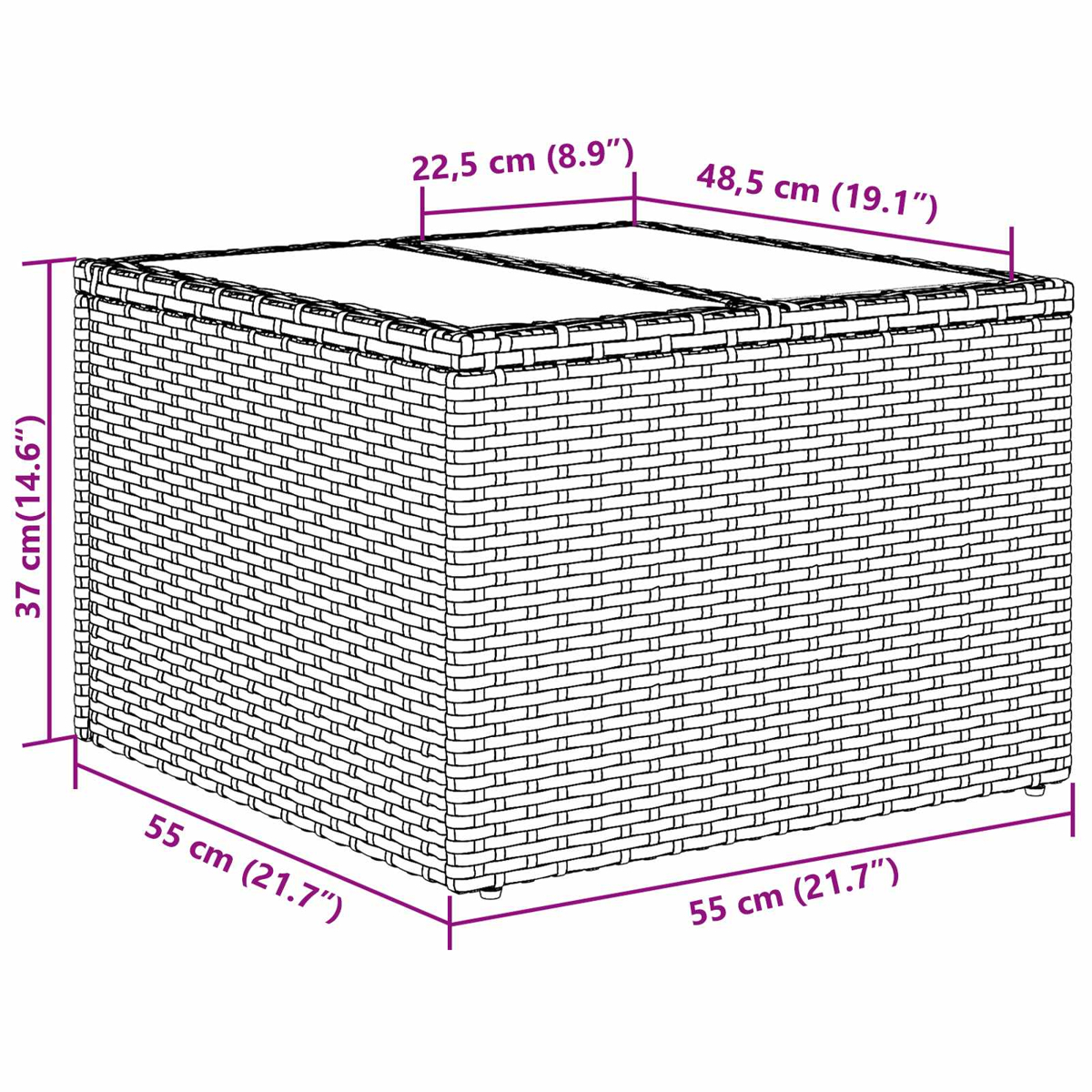 Ein quadratischer Weidekorbtisch mit Glasplatte. Abmessungen sind beschriftet: 55 cm, 37 cm und 48,5 cm.