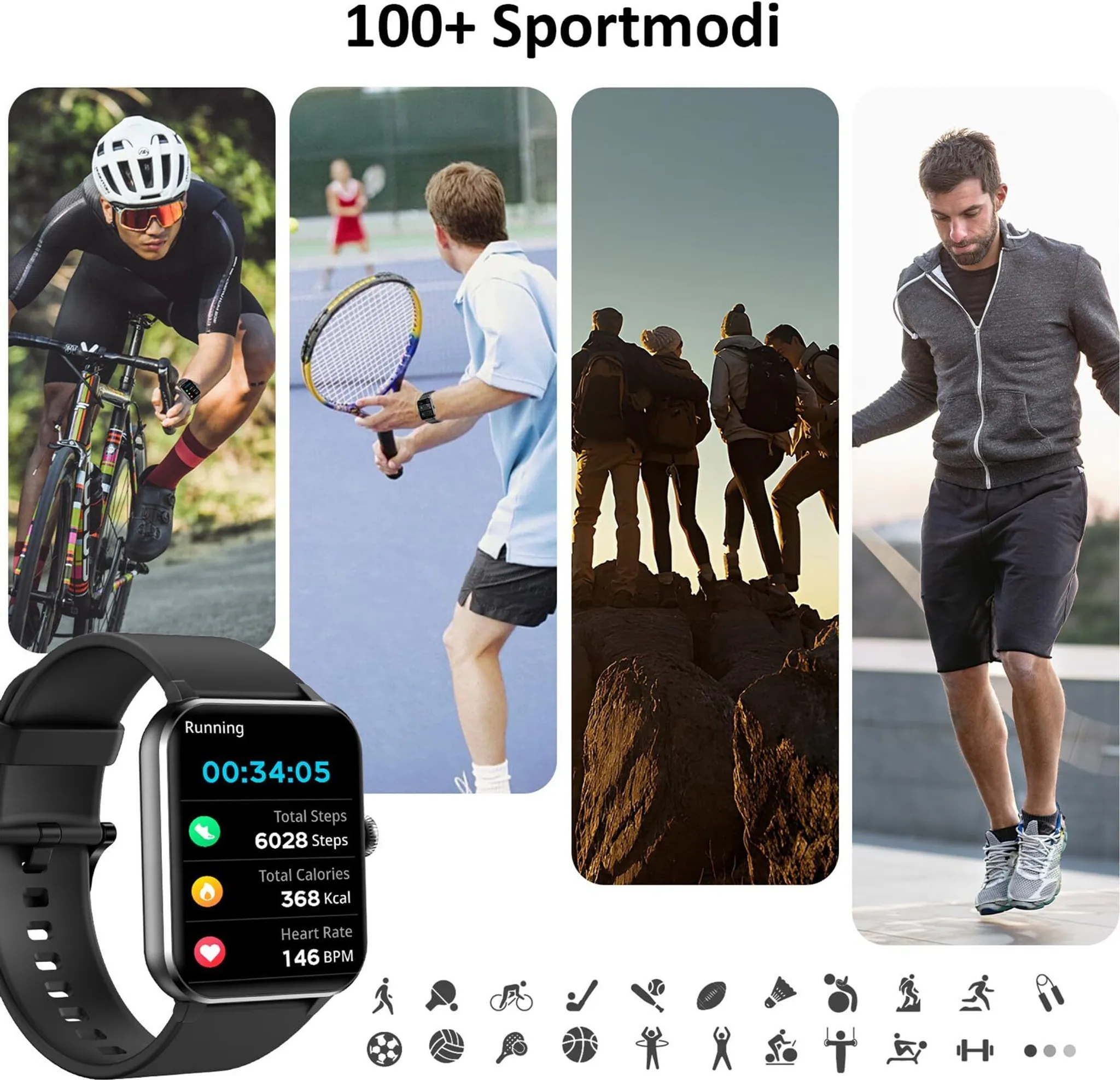 Das Bild zeigt einen Radfahrer, Tennisspieler, Wanderer und einen Mann beim Seilspringen. Eine Smartwatch zeigt Laufmetriken.