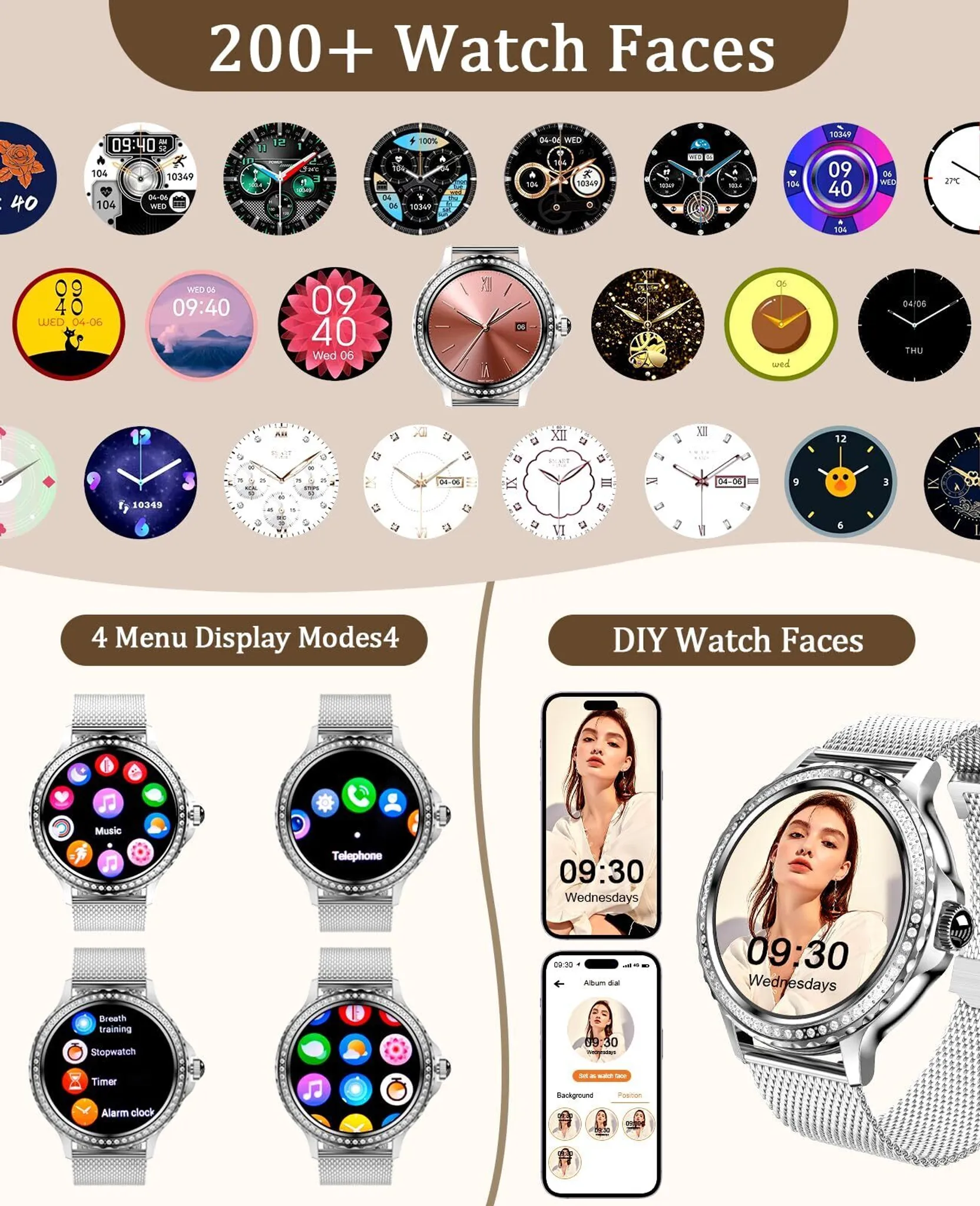 Das Bild zeigt verschiedene Zifferblätter, darunter analoge und digitale Stile, sowie einige Smartwatches mit verschiedenen Menüoptionen.