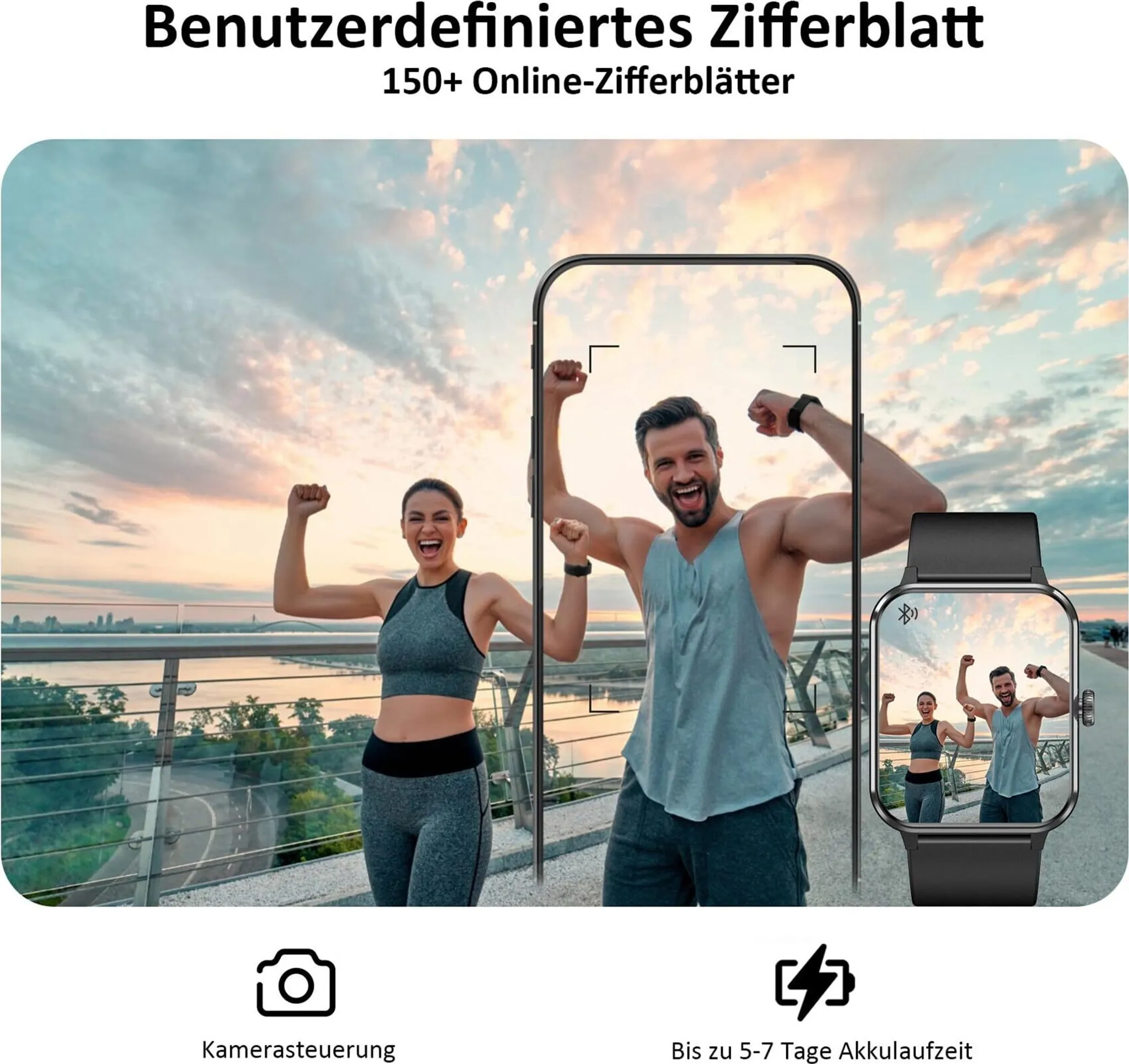 Mann und Frau jubeln. Eine Uhr zeigt die Szene. Text: Kamerasteuerung, 5-7 Tage Akku.
