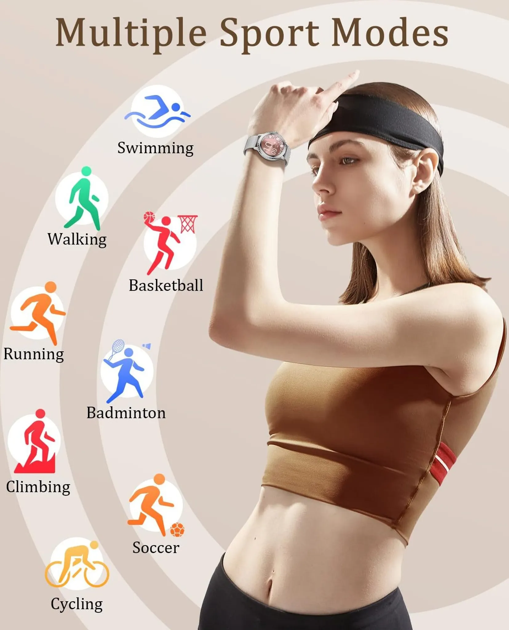 Frau mit Smartwatch, Optionen für verschiedene Sportarten werden angezeigt. Schwimmen, Gehen, Laufen, Klettern, Radfahren, Basketball, Badminton, Fußball.