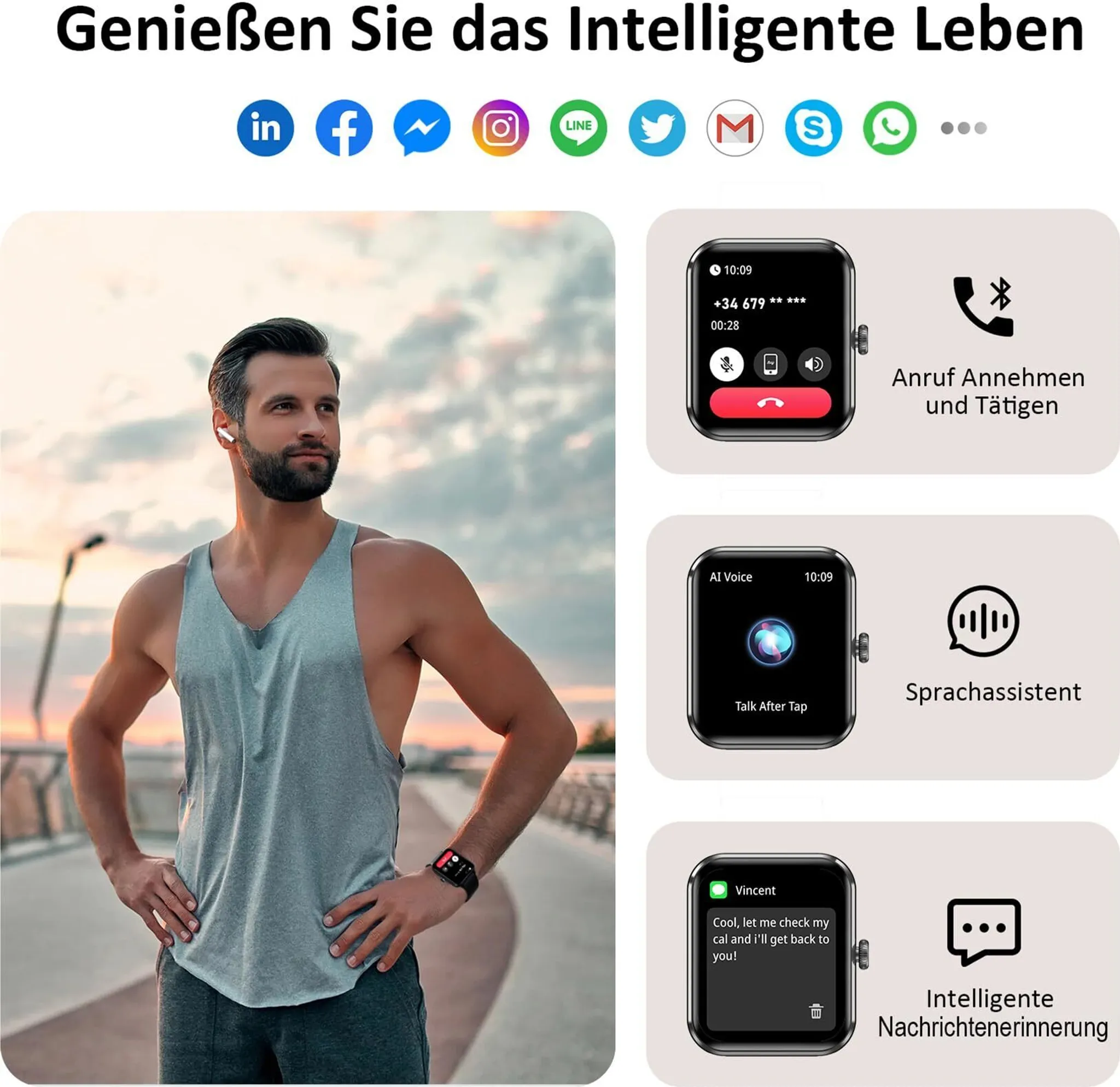 Mann mit Smartwatch und Ohrhörern, mit App-Symbolen darüber. Smartwatch-Bildschirme zeigen Anruf, Sprachassistent und Nachricht.