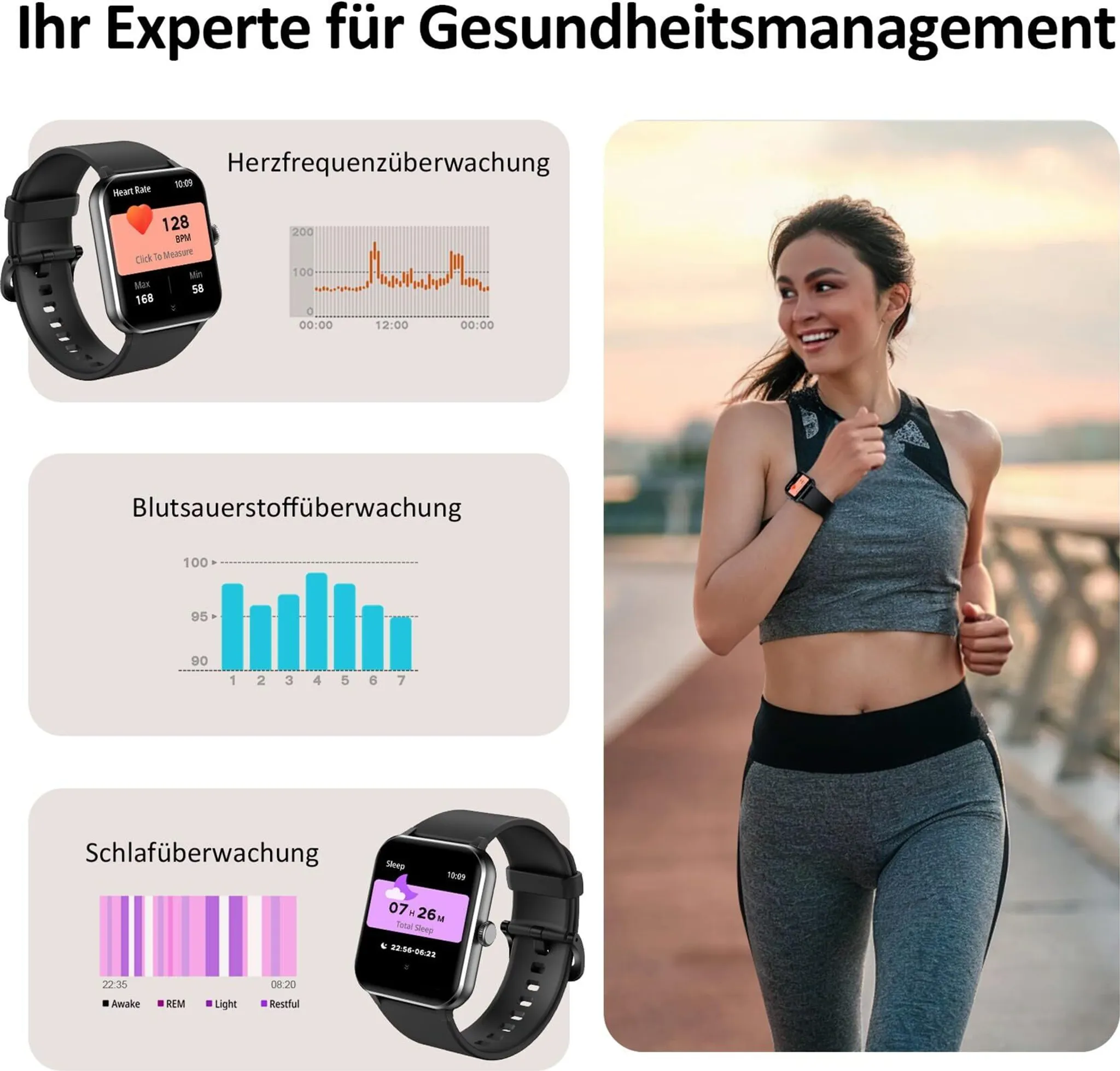 Junge Frau beim Laufen mit Smartwatch. Diagramme zeigen Herzfrequenz, Sauerstoffgehalt und Schlaftracking. Die Uhr zeigt Zeit und Schlafstunden.