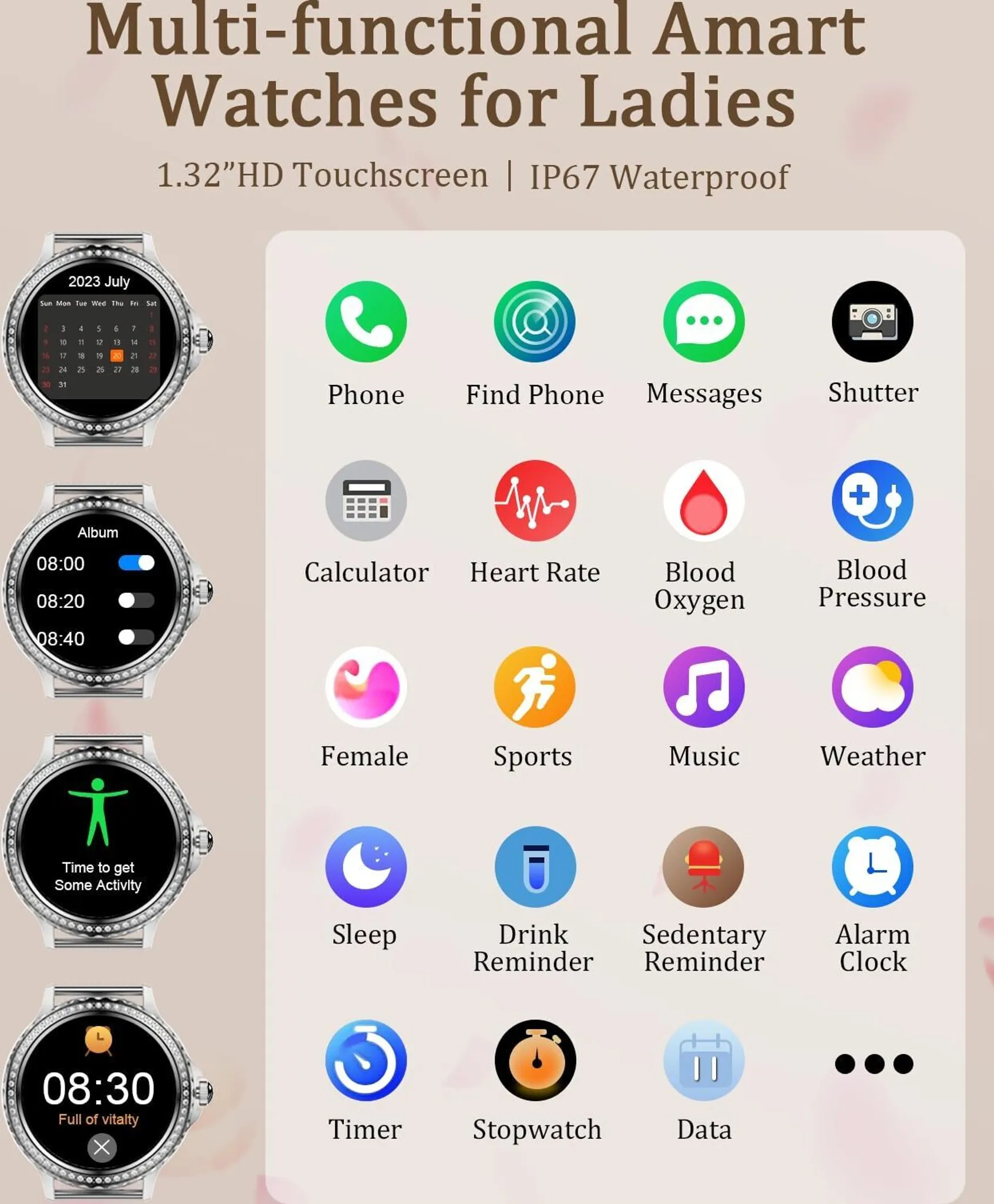 Smartwatch mit Kalender, Gesundheits-Apps und Funktionssymbolen. Zeigt Zeit, Schritte und Gesundheitsmetriken.