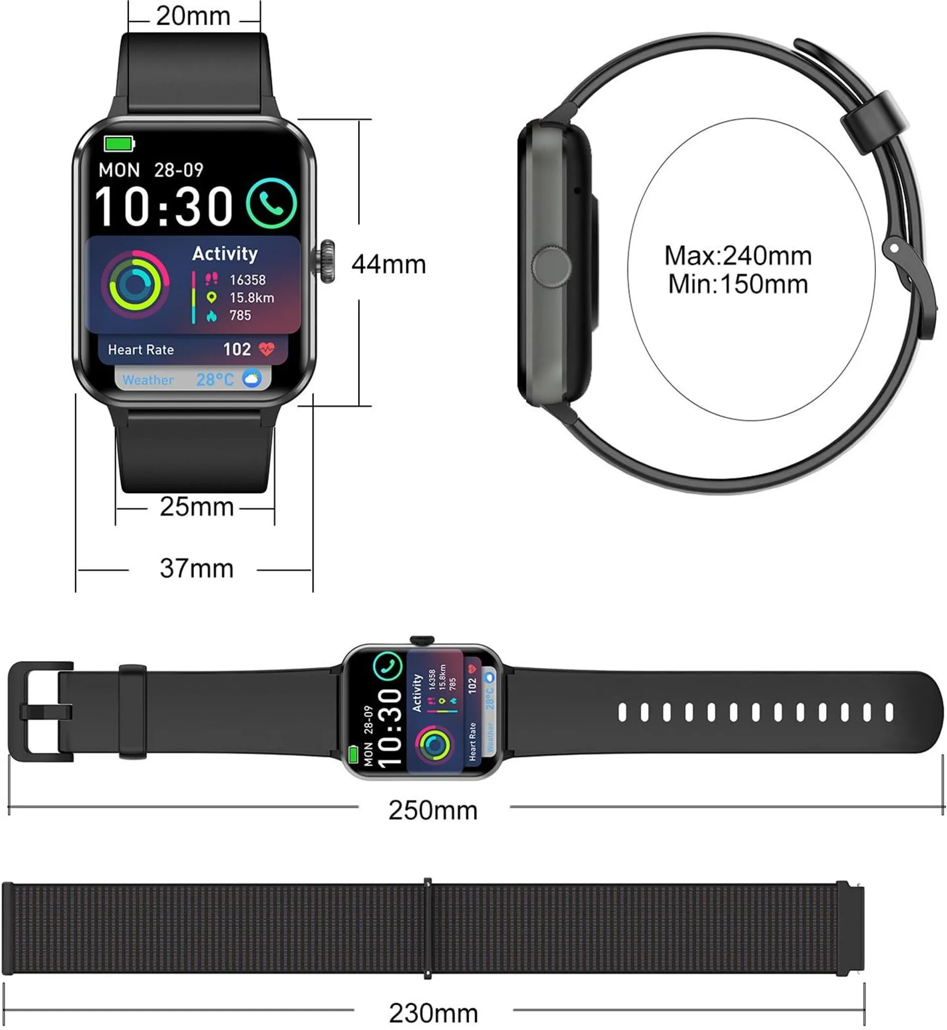 Schwarze Smartwatch mit Maßen. Zeigt Zeit, Aktivitätsstatistiken und Herzfrequenz an. Enthält ein Armband und ein separates Armband.