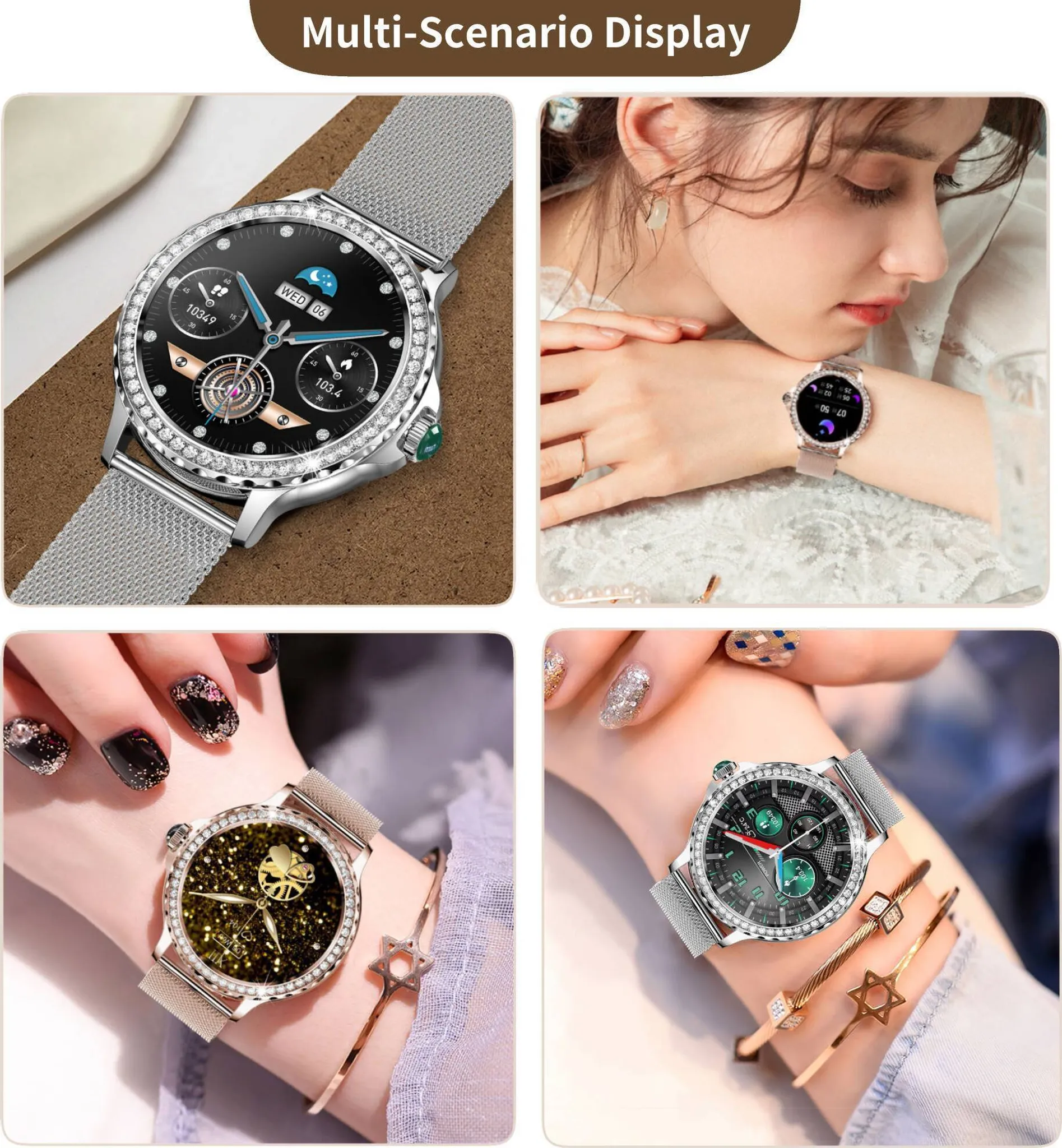 Das Bild zeigt eine Multi-Szenario-Anzeige von Smartwatches an Handgelenken. Die Uhren sind silberfarben, mit Diamantlünetten und verschiedenen Zifferblättern.
