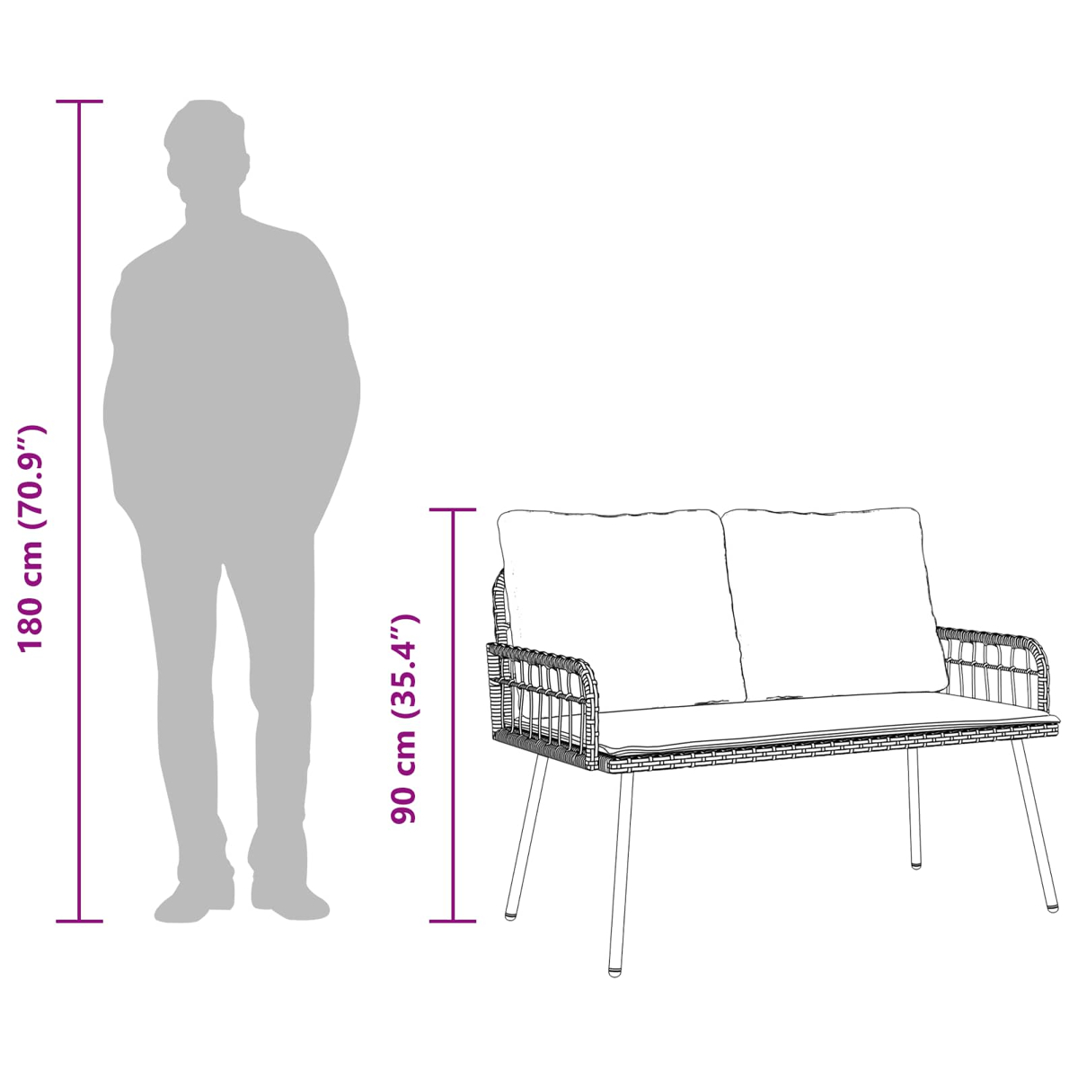 Eine Silhouette einer Person steht neben einem Zweisitzer-Sofa. Abmessungen: 180 cm (70,9") Höhe, 90 cm (35,4") Sofa.