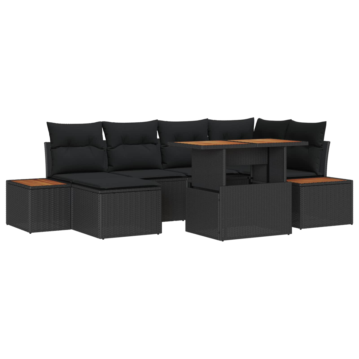 Schwarzes Outdoor-Möbelset aus Korbgeflecht mit Kissen. Beinhaltet einen Tisch und Hocker mit Holzoptik.