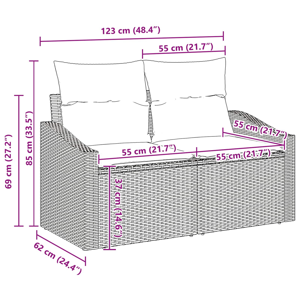 Diagramm eines Korbsesselsofas mit Maßangaben in cm und Zoll. Es hat zwei Kissen und Maße für Höhe, Breite und Tiefe.