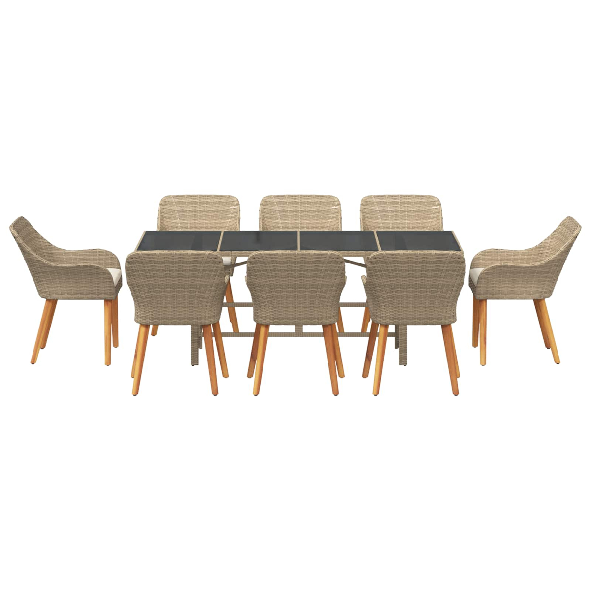 Un juego de comedor con una mesa rectangular y seis sillas. Las sillas y la mesa son de mimbre con patas de madera. La mesa tiene una tapa de cristal negro.