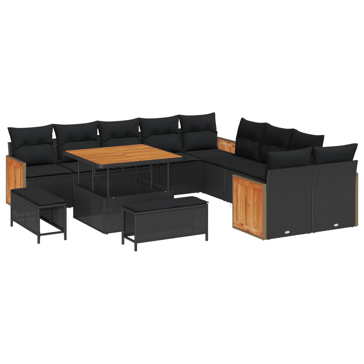 Set divano componibile da esterno con cuscini neri e tavolo in legno. Include due panche. Vimini nero con dettagli in legno.