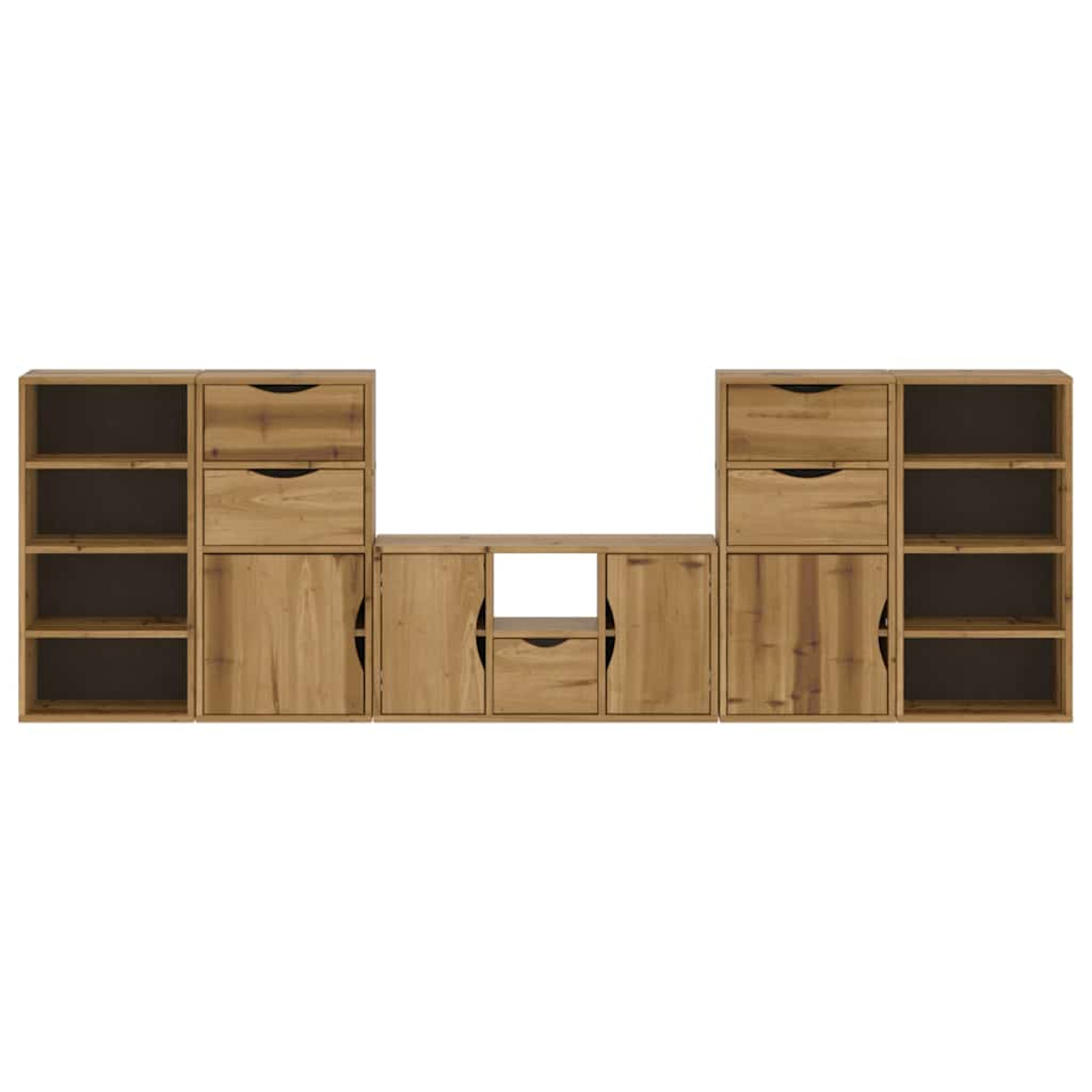 Möbelset aus Holz mit Regalen, Schubladen und Schränken. Hellbraune Farbe, horizontal vor weißem Hintergrund angeordnet.
