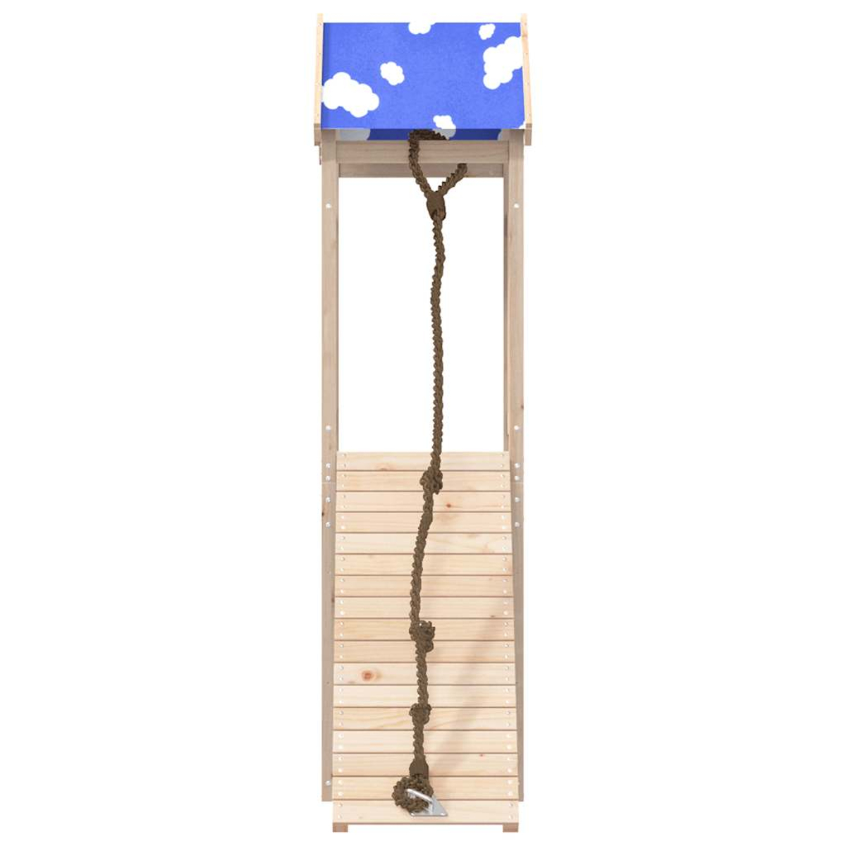 Ein Holzspielgerüst mit blauem Dach mit weißen Wolken. Ein braunes Seil hängt herunter. Die Struktur hat eine Holzleiter.