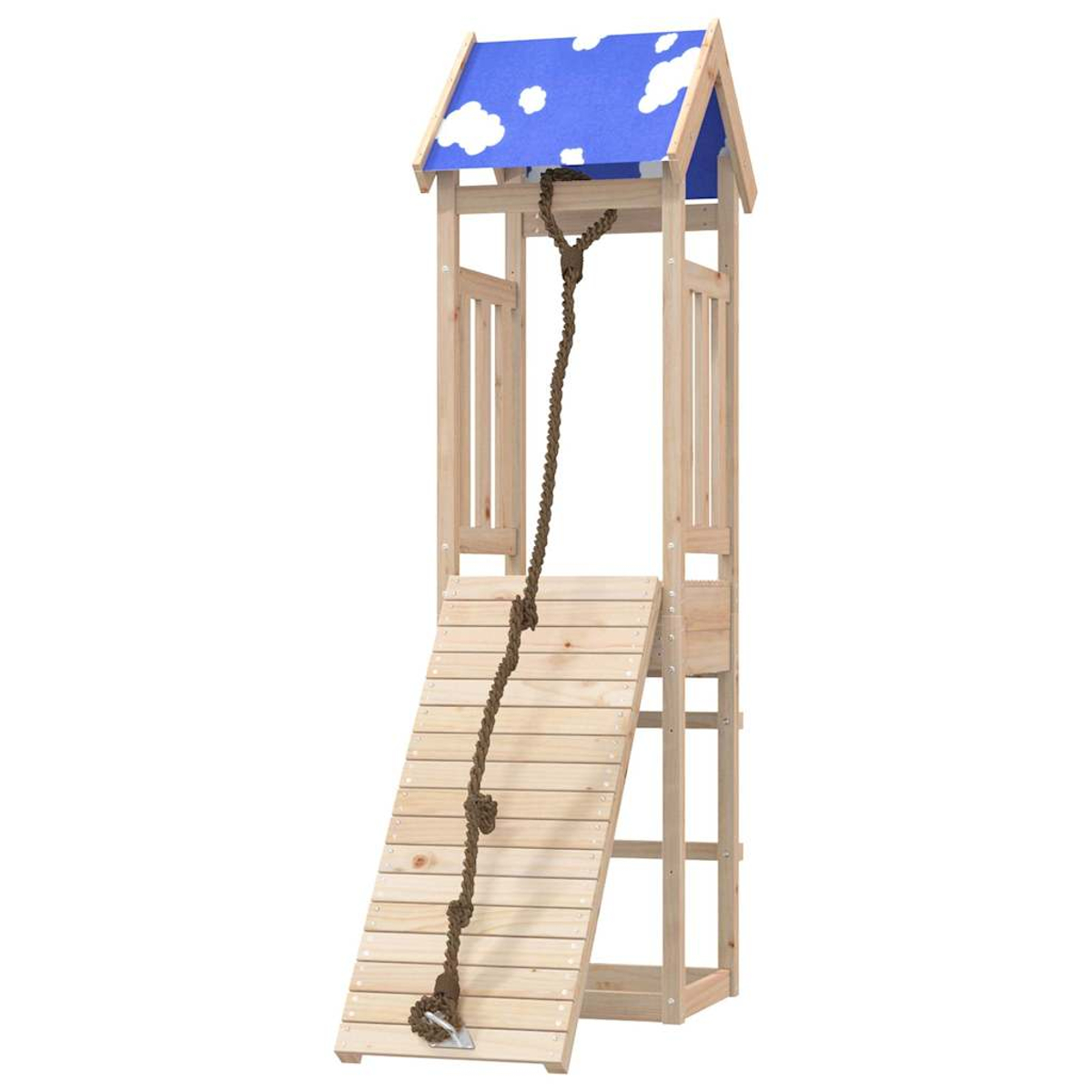 Holzspielhaus mit blauem Dach mit weißen Wolken, Kletterseil und Holzrampe.