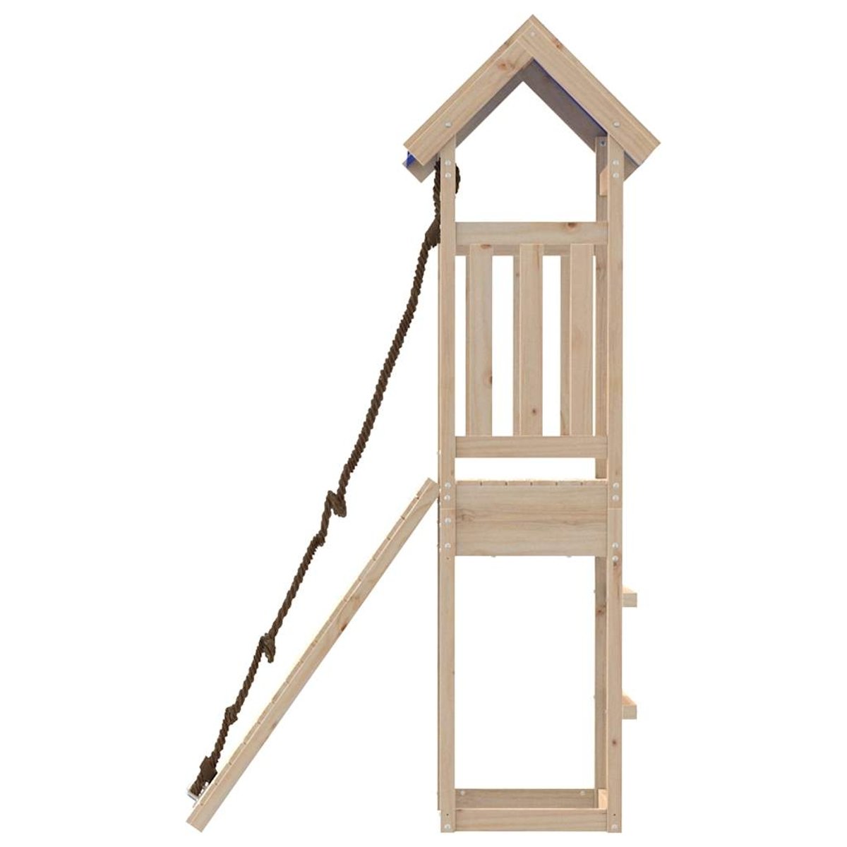 Ein hölzernes Spielset mit Strickleiter, Kletterseil und einem kleinen Haus oben. Die Struktur befindet sich auf weißem Hintergrund.