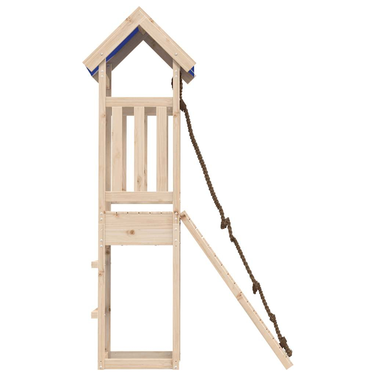 Spielhaus aus Holz mit blauem Dach, Leiter und Seil. Es steht isoliert vor weißem Hintergrund. Die Struktur besteht aus hellem Holz.