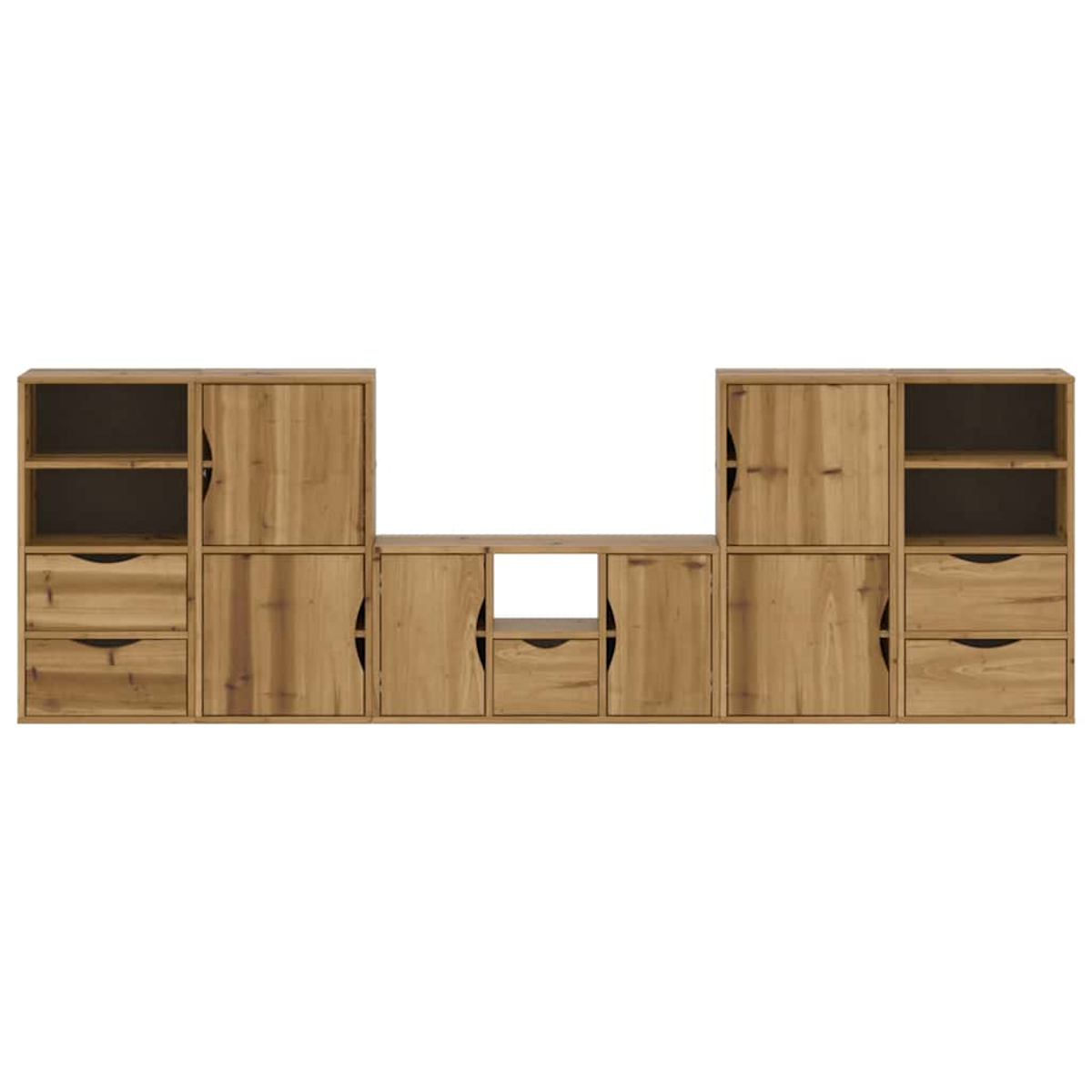 Modulare Wandeinheit aus Holz. Sie hat Schränke, Regale und Schubladen. Die Farbe ist hellbraun.