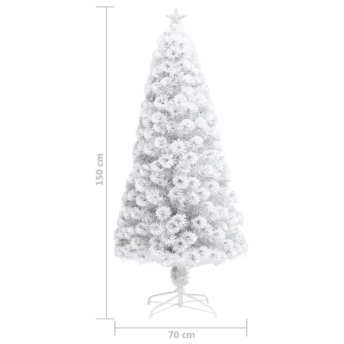 Ein weißer künstlicher Weihnachtsbaum wird gezeigt. Er ist 150 cm hoch und 70 cm breit. Oben befindet sich ein Stern. Er steht auf weißer Basis.